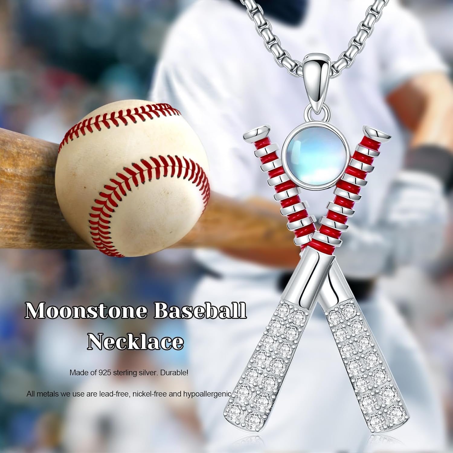 Baseball/Golf/Hockey/Tennis Necklace 925 Sterling Silver Moonstone Ball Sports Pendant Jewelry Graduation Gifts for Women Girlfriend Mom