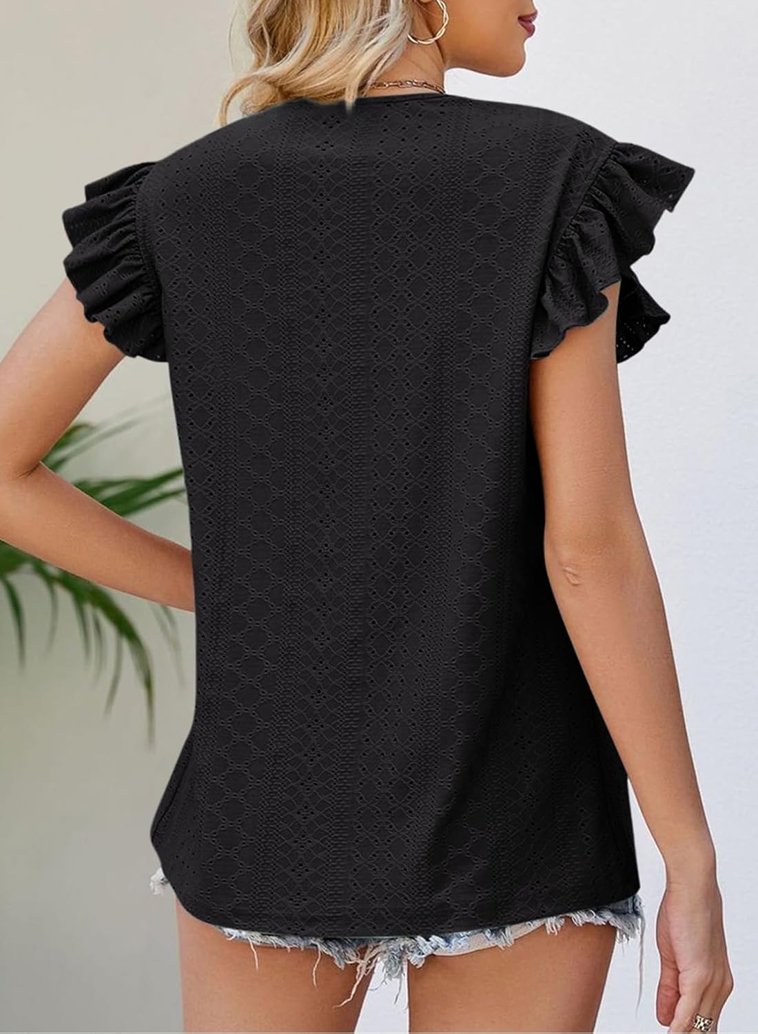 Dokotoo Womens Summer Knit Tops 2025 Hollow Out Crewneck Cute Ruffle Short Sleeve Womens T Shirts Blouses - Image 4