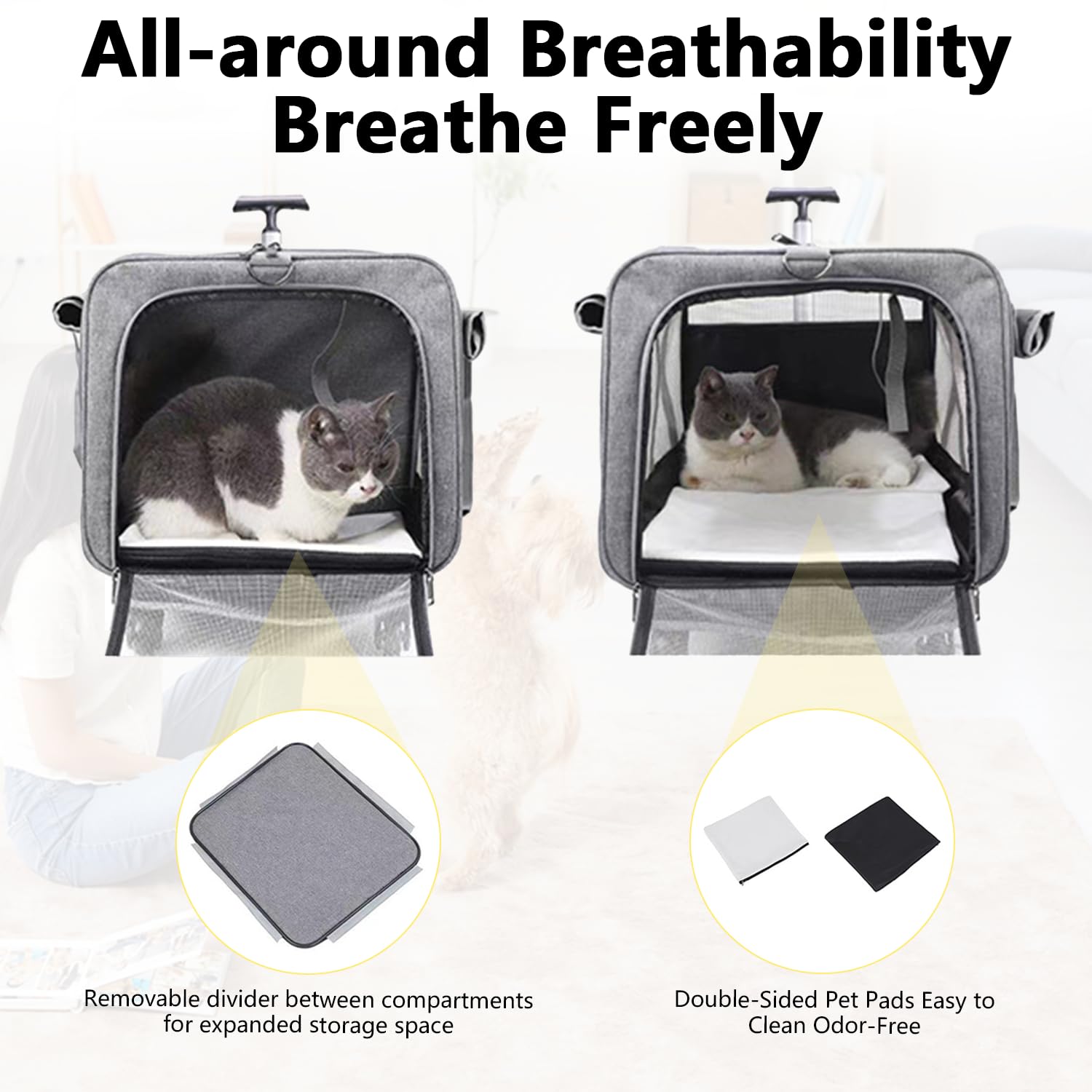 Sac de transport à roulettes pour chat, double compartiment, pour 2 chats et petits chiens, charge jusqu'à 16,3 kg, idéal pour les voyages, la randonnée, le camping, gris
