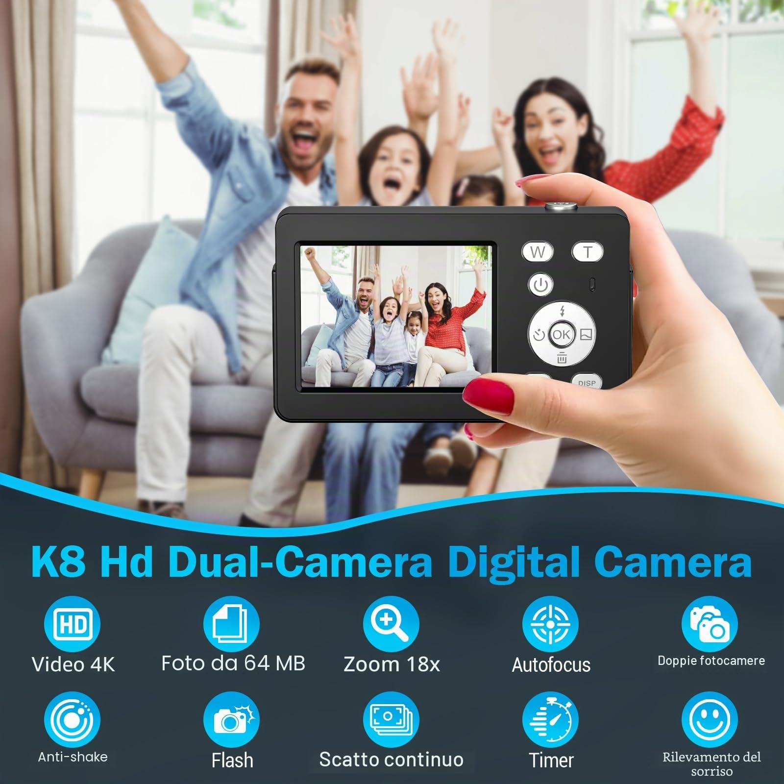 Macchina Fotografica Digitale,Fotocamera Digitale Compatta 4K 64MP (Pelle Nero) | Scheda da 32 GB, Anti-vibrazione, Zoom 18X, Videocamera per Vlogging per Adolescenti, Principianti, Adult (Pelle Nera)