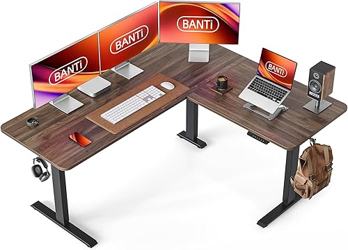 BANTI Escritorio de pie en forma de L, escritorio de pie ajustable de esquina de 63 x 55 pulgadas con estación de carga, mesa de pie en forma de L