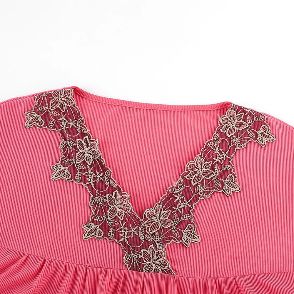 Camisón para Mujer - Vestido De Noche Elegante De Encaje para Mujer, Camisones con Cuello En V, Yardas Grandes, Camisón De Manga Corta, Ropa De Dormir Modal De Seda Helada, Verano