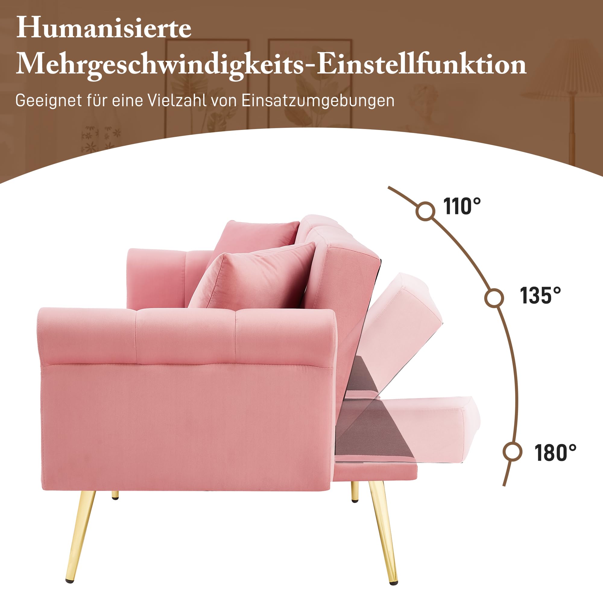 Azkoeesy Divano letto moderno a 2 posti in velluto 173 cm con gambe in metallo dorato e rivetti, 2 cuscini, schienale regolabile a 3 posizioni, per soggiorno e ufficio (rosa)