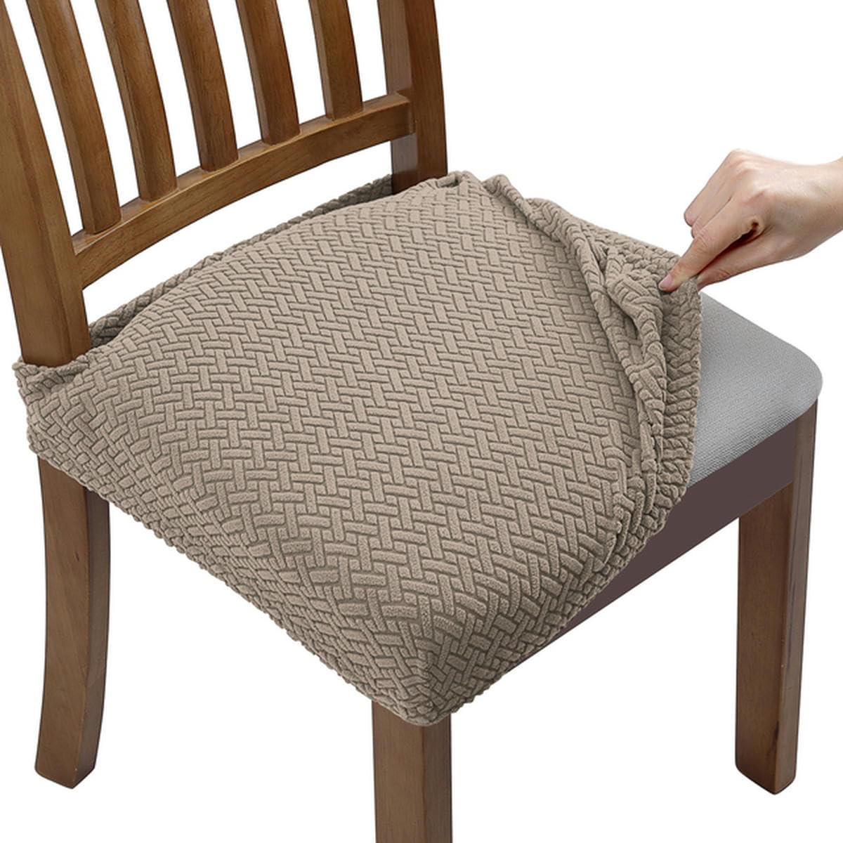 Fundas de Asiento de Silla Jacquard elásticas para Comedor Fundas Protectoras de cojín de Asiento de Silla Antipolvo Lavables extraíbles-Caqui-Juego de 6 Piezas