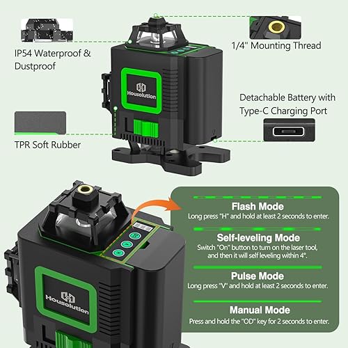 Miniatura 8 de Nivel láser, láser de línea cruzada 4D 4D de 4 x 360  para construcción y colgar imágenes, 130 pies, 16 niveles láser verde 360 autonivelantes con