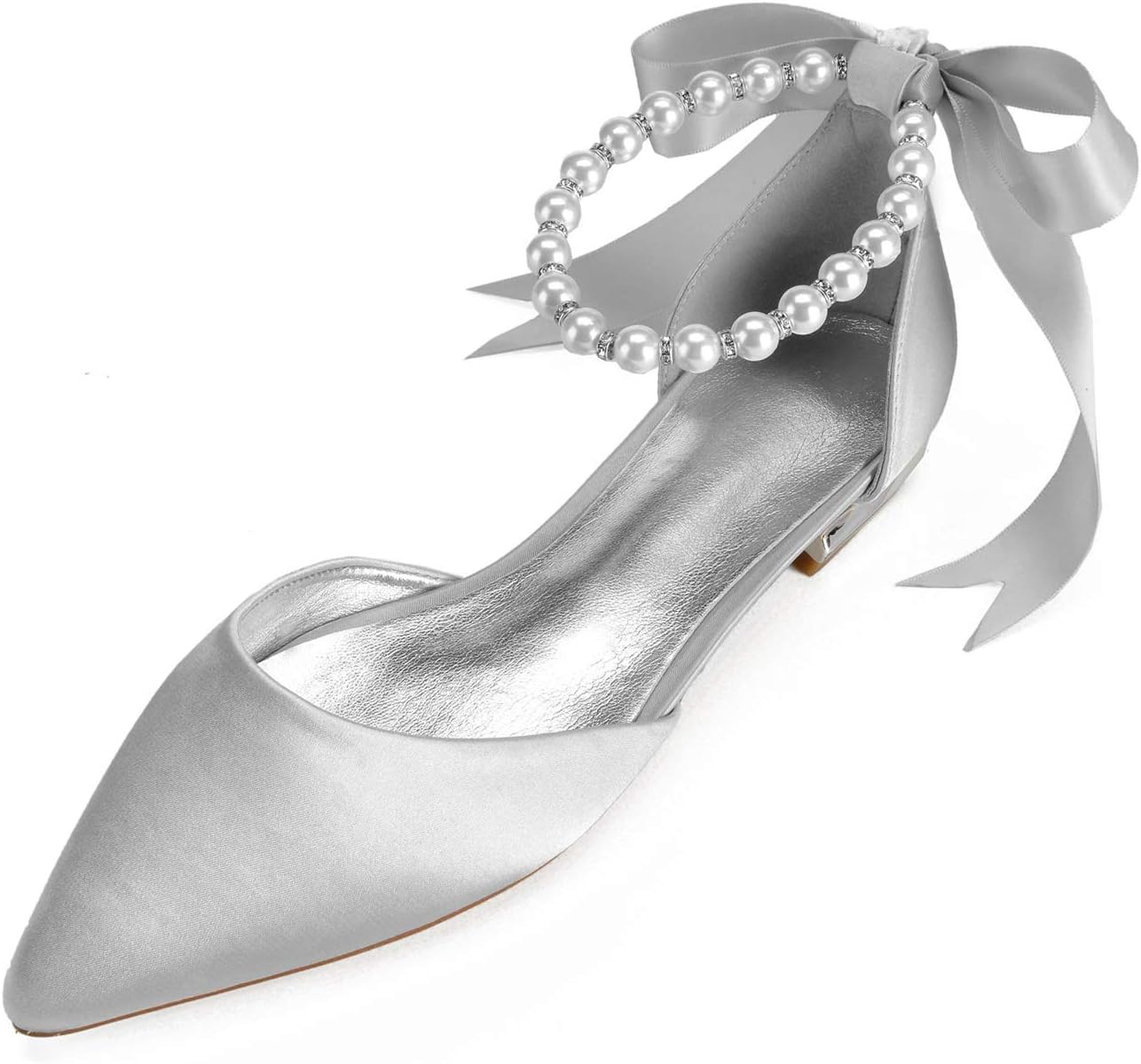 Women Satin Pearls Wedding Flats Shoes for Bride Pointed Toe Prom Evening Bridal Party Dress Flats