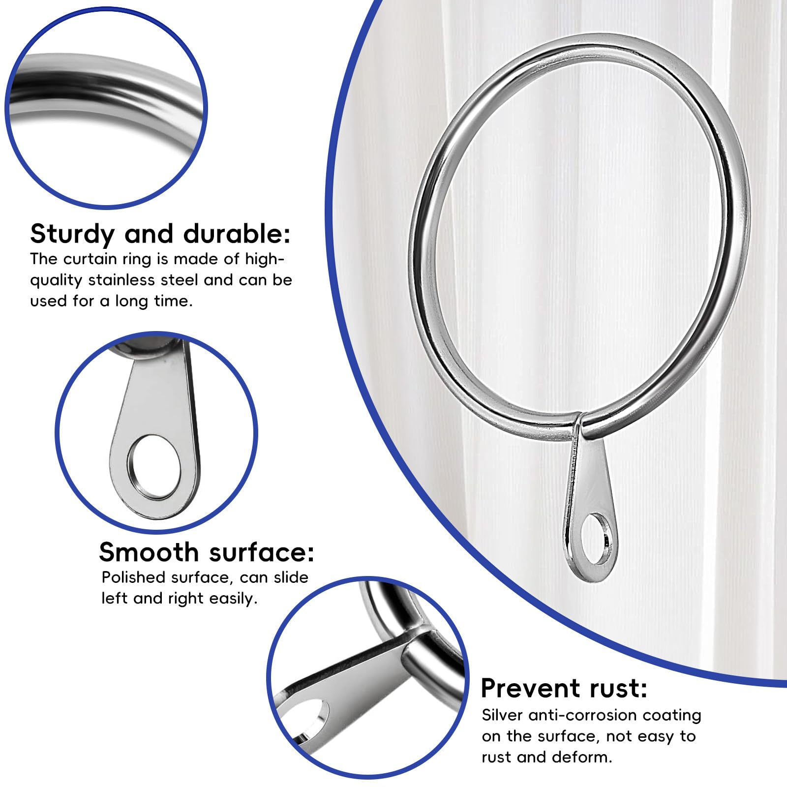 winbest 60 Pack Curtain Rings, 38mm Internal Diameter Metal Curtain Rings Silver Hanging Curtain Pole - Image 3