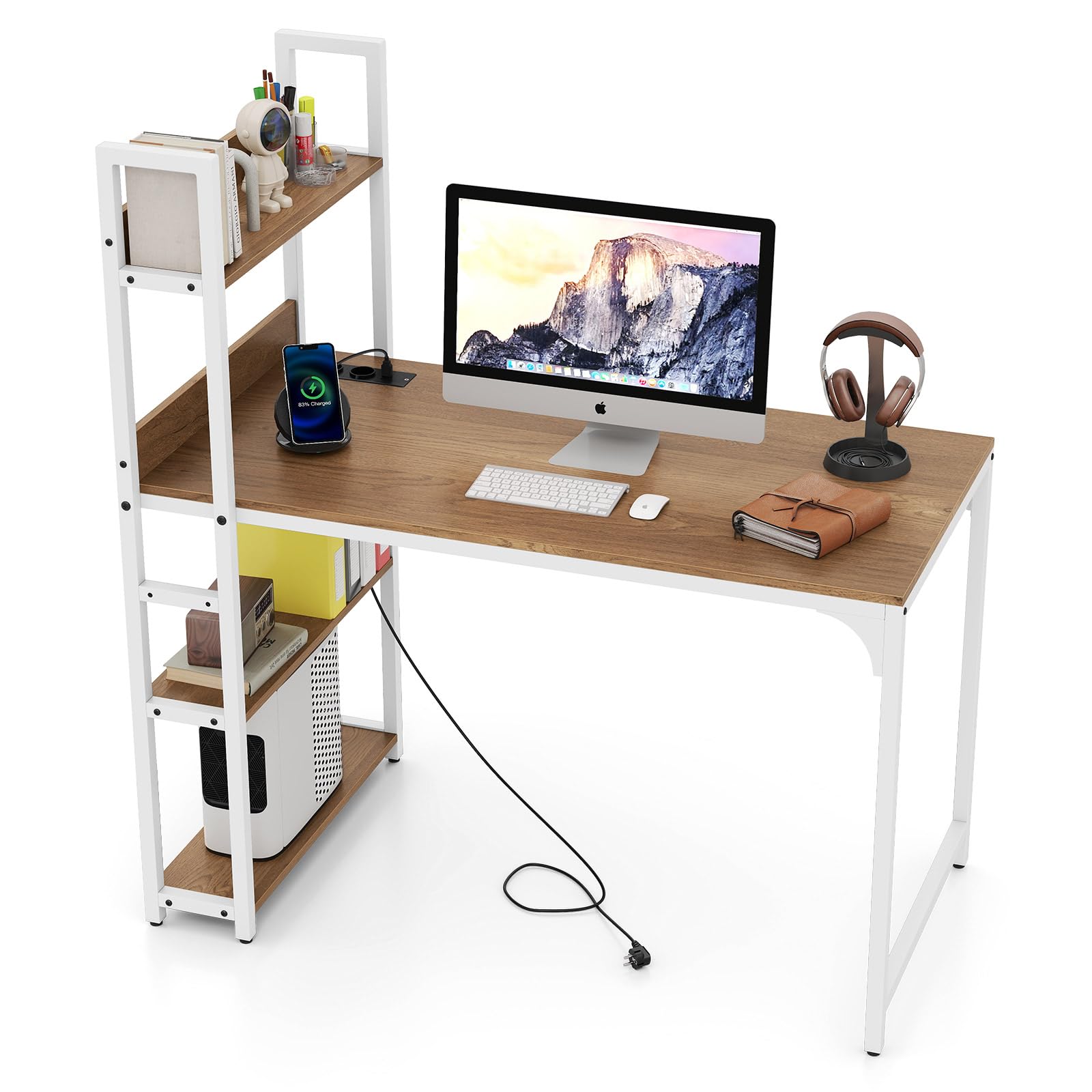 GYMAX Scrivania per Computer con Stazione di Ricarica, USB/Type-c, Postazione di Lavoro con Libreria, in Metallo, Tavolo per Ufficio, Soggiorno, Camera,120 x 65 x 130 cm (Naturale)