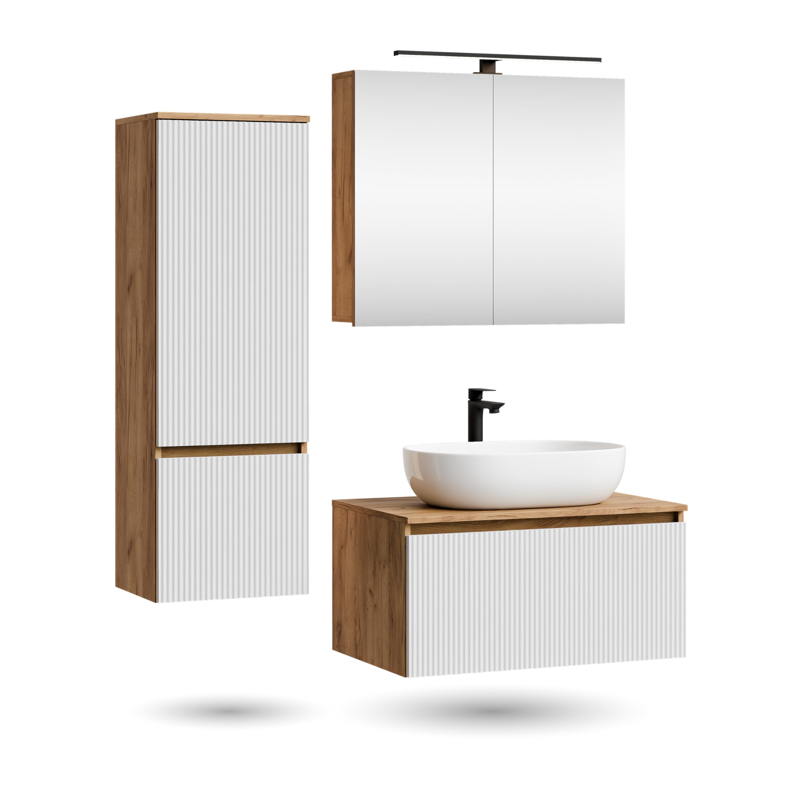 Meuble Salle de Bains 80 cm, Vasque Blanche, Miroir Led et Colonne - Blanc - STRUCTURA