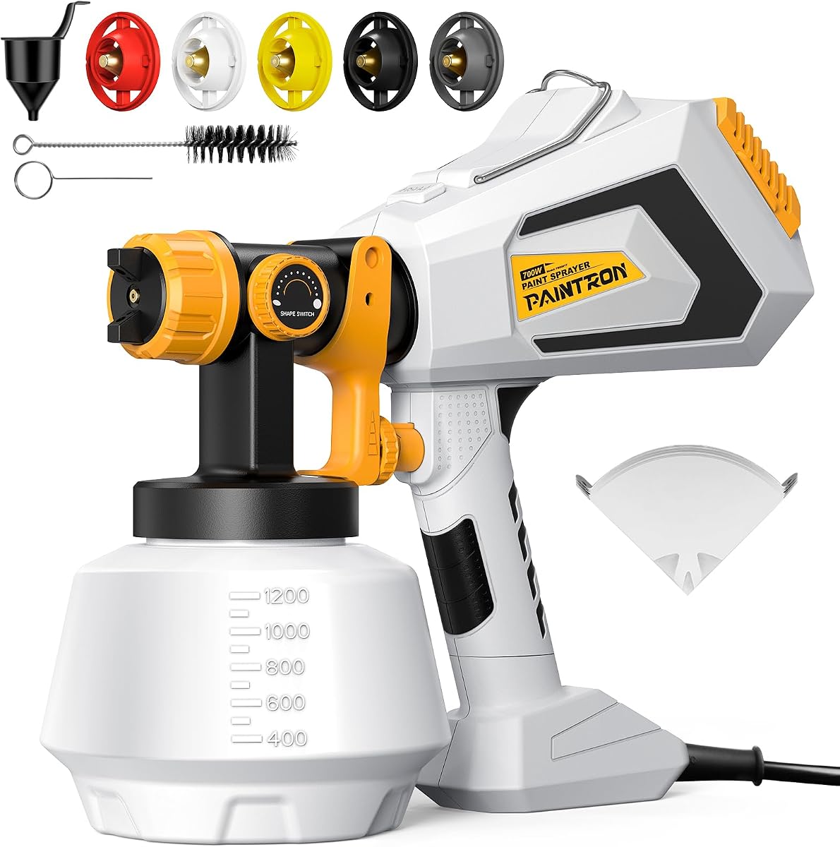 Paint Sprayer-700W HVLP Electric-Spray-Paint-Gun, 1200ml High Capacity Container Easy to Clean, 5 Brass Nozzles and 3 Patterns, for Furniture, Cabinets, Fence, Walls, Door, Garden Chairs etc