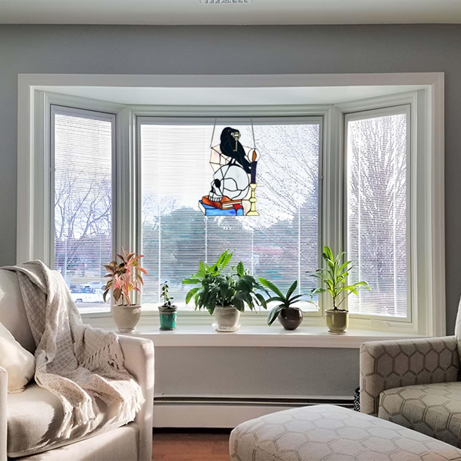 Bieye W10100 Raven Perched on Skull Holding Skeleton Key Tiffany Style Stained Glass Window Panel for Halloween Decor