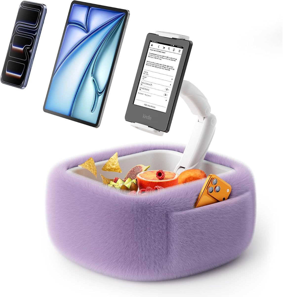 LULULOOK Soporte de almohada para tableta para Kindle/iPad, soporte para Kindle para cama, morado | Compatible con Kindle, iPad, iPhone y tableta de 4,7-14,6", ajustable 360° para lectura, tela esponjosa para cama, cuenco para aperitivos