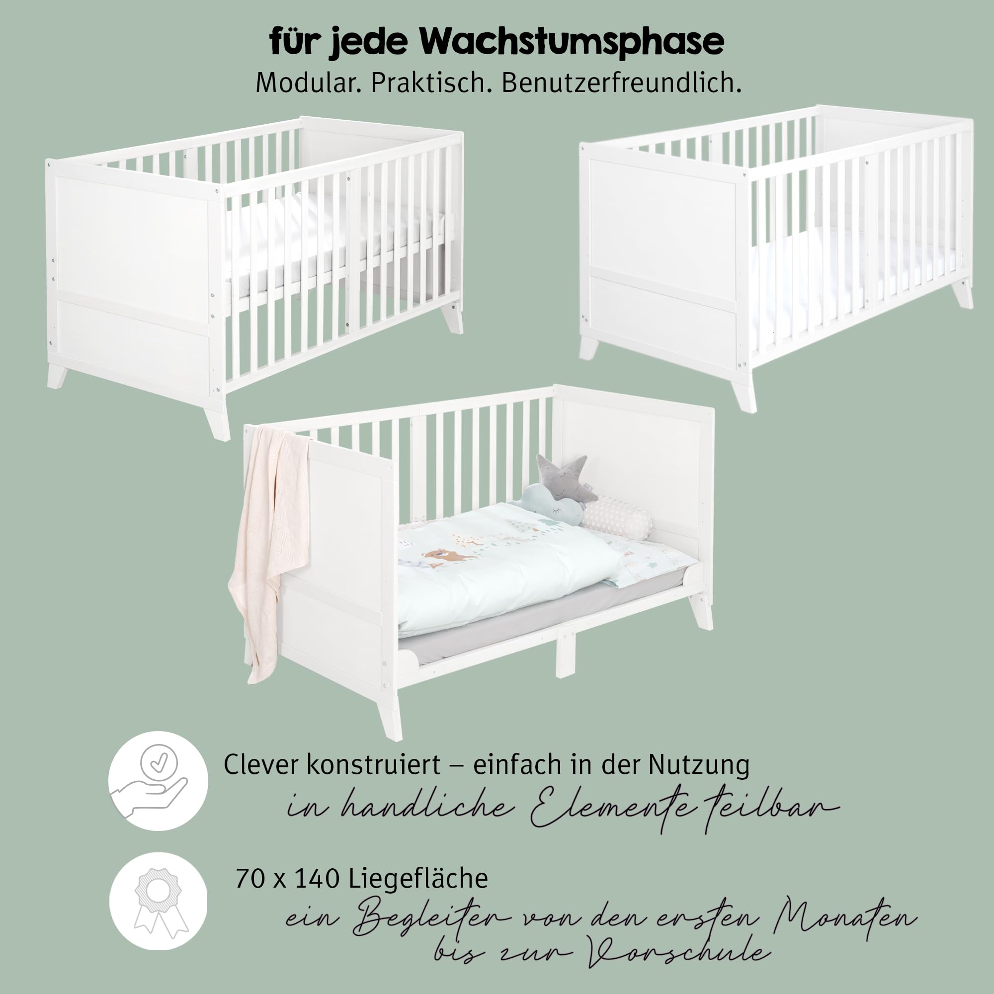 roba Ensemble Complet de Lit Bébé Woodland Buddies - Lit Évolutif 70 x 140 en Bois + Matelas, Linge de Lit, Baldaquin et Support de Baldaquin - À Partir de 6 Mois - Blanc