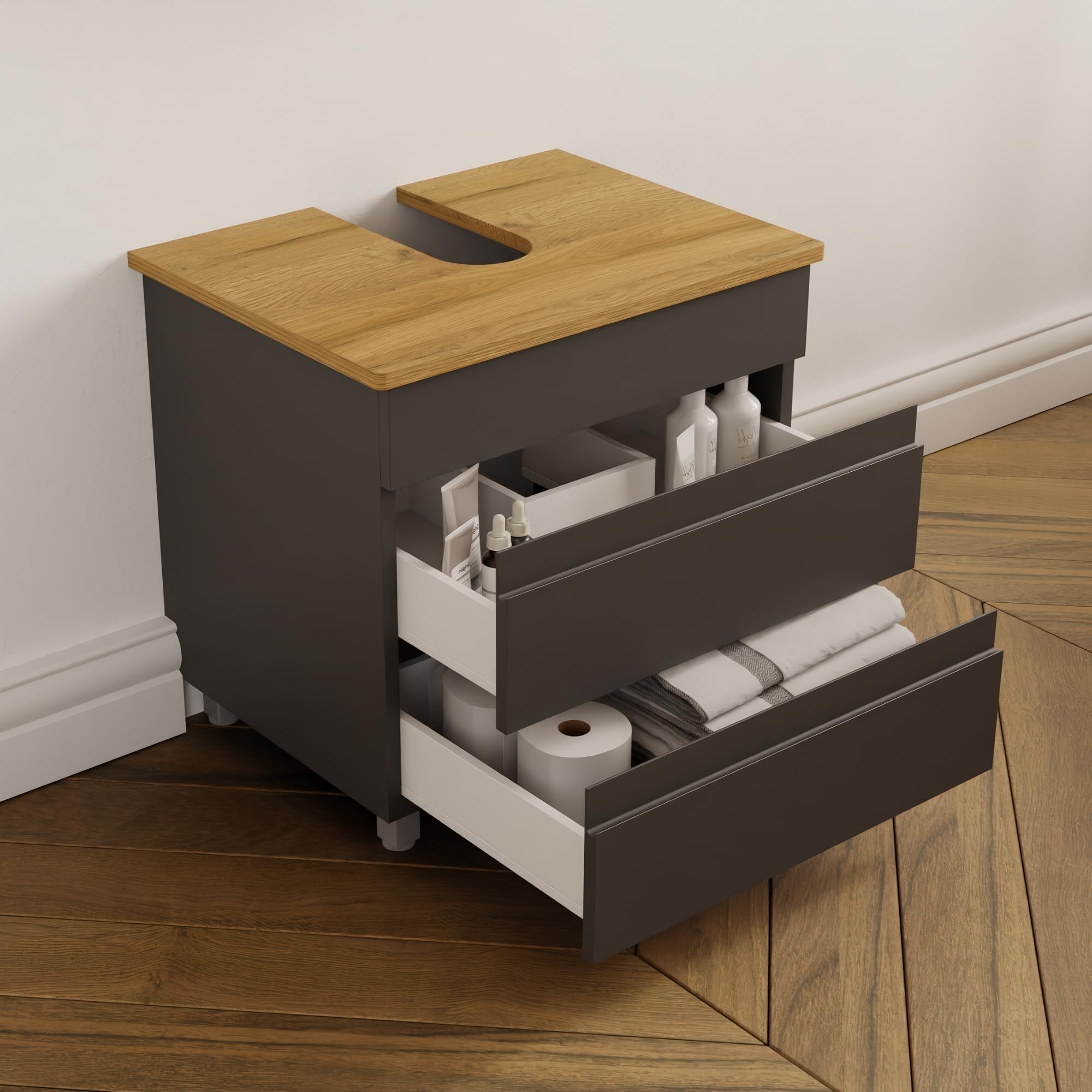 Karen Waschbeckenunterschrank Lara 60 cm | Steh-Unterschrank | Badmöbel anthrazit | Konsole mit Siphonausschnitt | Minimalistisch | Gäste-Badezimmer (Lara 60 Eiche)