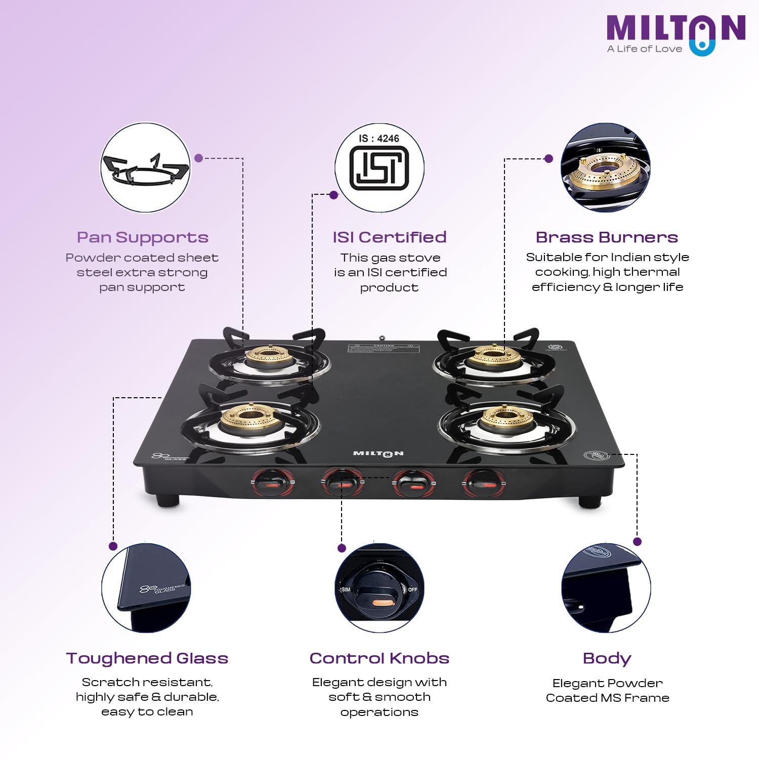 MILTON Premium 4 Burner Black Manual Ignition Glass Top Gas Stove, (ISI Certified) - Image 3