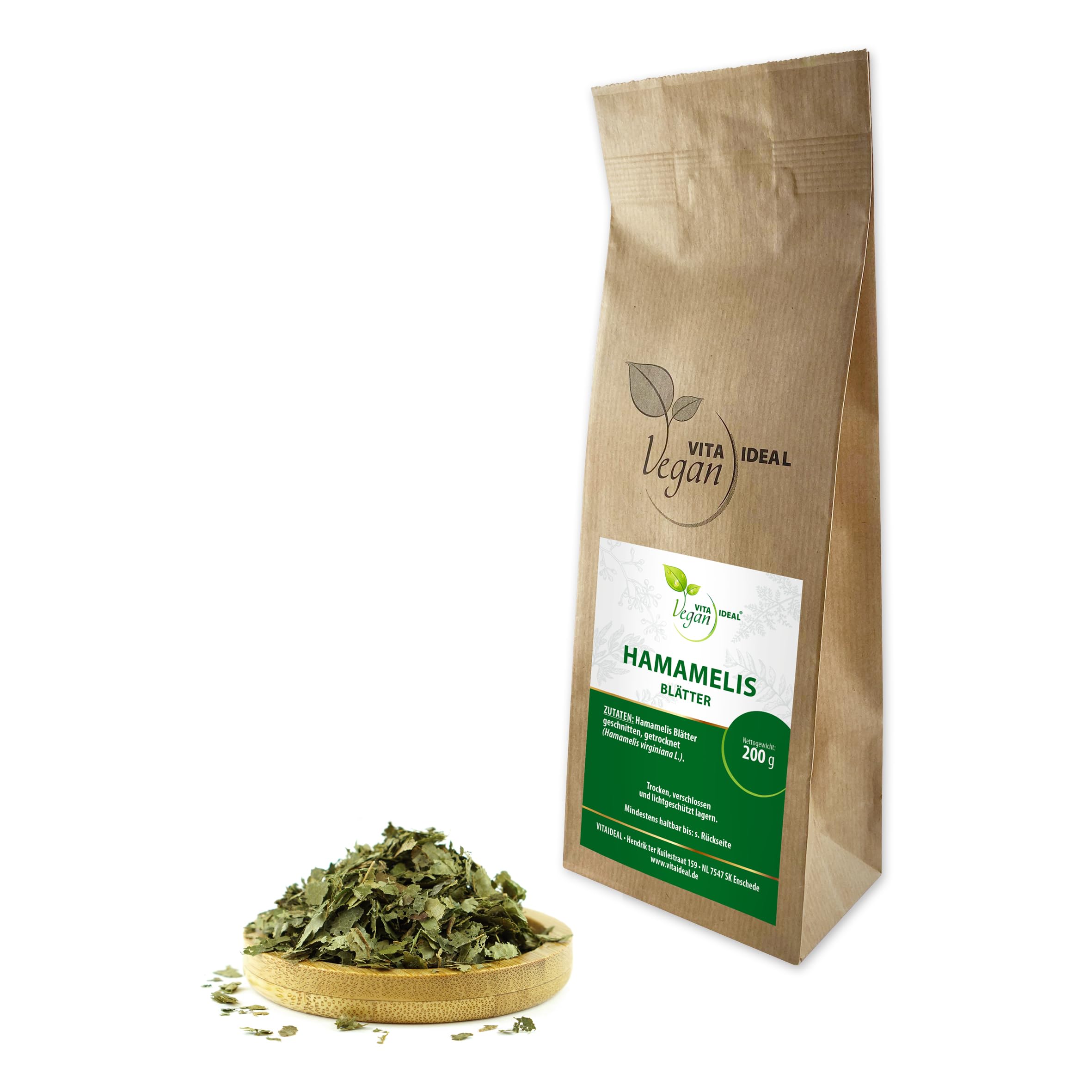 VITA IDEAL Vegan® HAMAMELIS - Blätter 4x 200g geschnitten & getrocknet - Hamamelidaceae - HAMAMELISBLÄTTER - Zaubernuss Kräuter Tee & Aufguss - Natürlich, pflanzlich & ohne Zusatzstoffe.