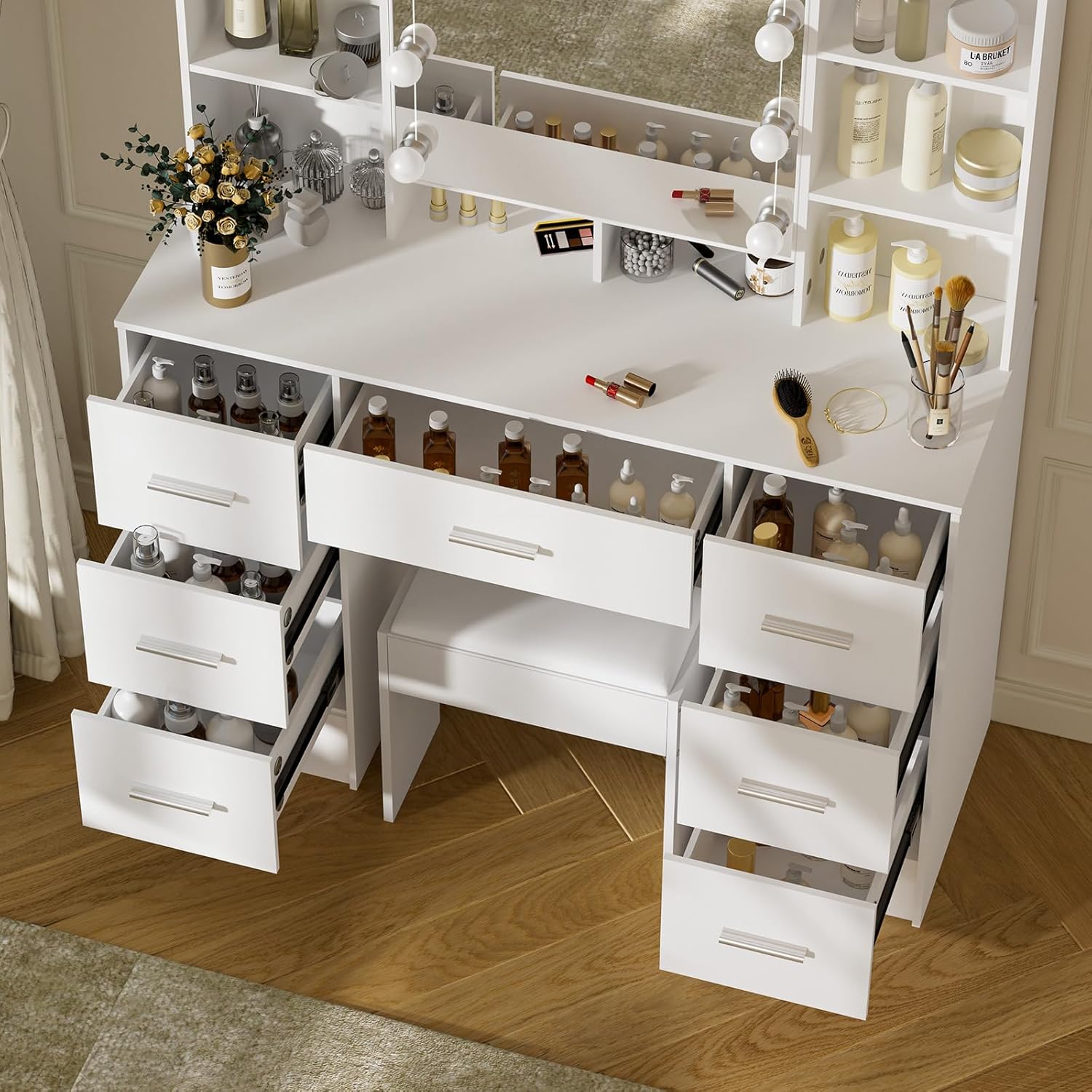 JBLCC Vanity Desk with Lighted Mirror & Storage Mirror Doors, 39.4" W Makeup Vanity with 10 LED Bulbs, 7 Drawers & Open Shelves, White Dressing Table with Stool for Bedroom