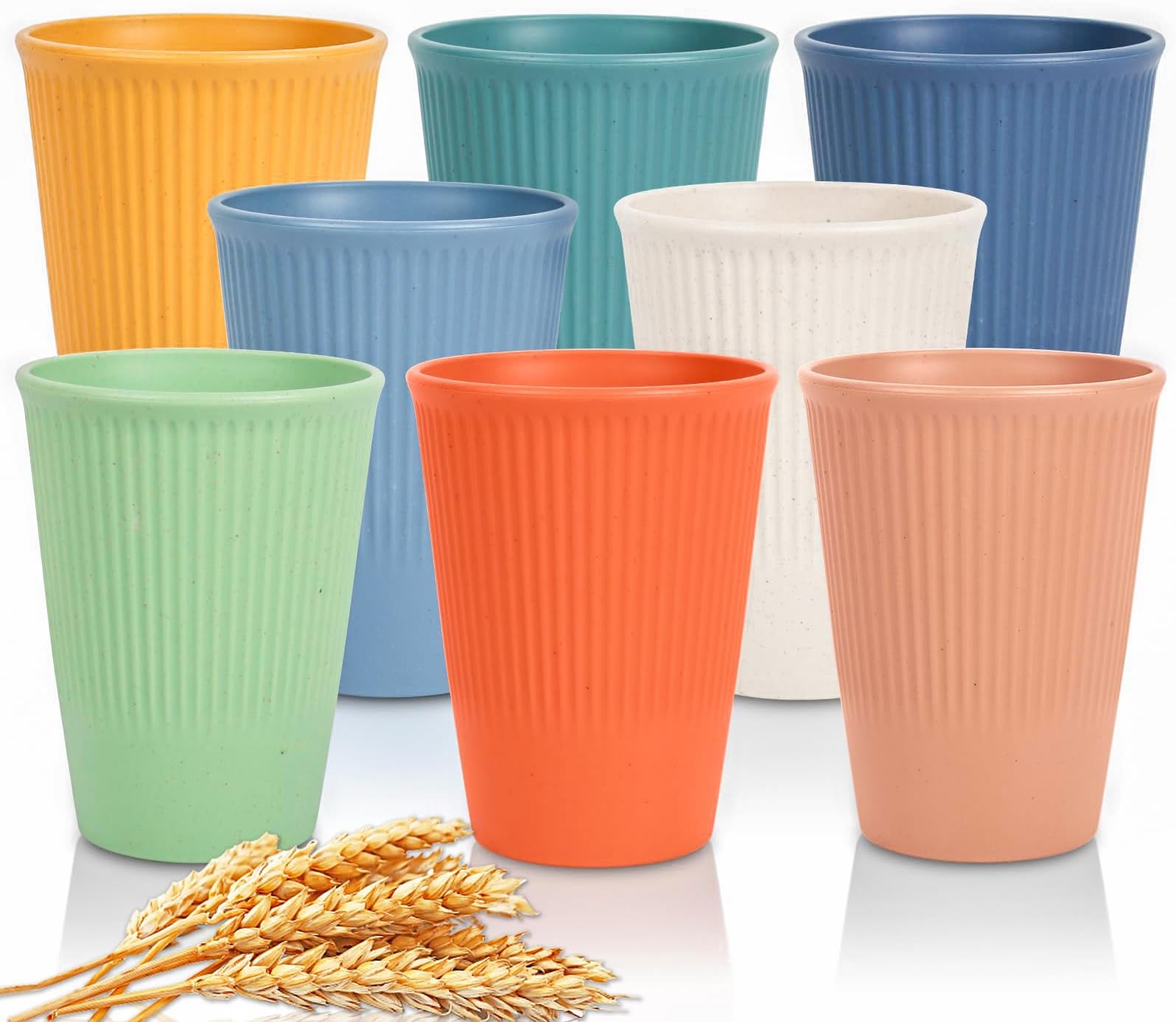 Wheat Straw Cup Unbreakable and Reusable Drinking Cups Eco-Friendly Healthy Tumbler Set for Milk Juice and Water Dishwasher Safe (8 Pcs 12OZ)