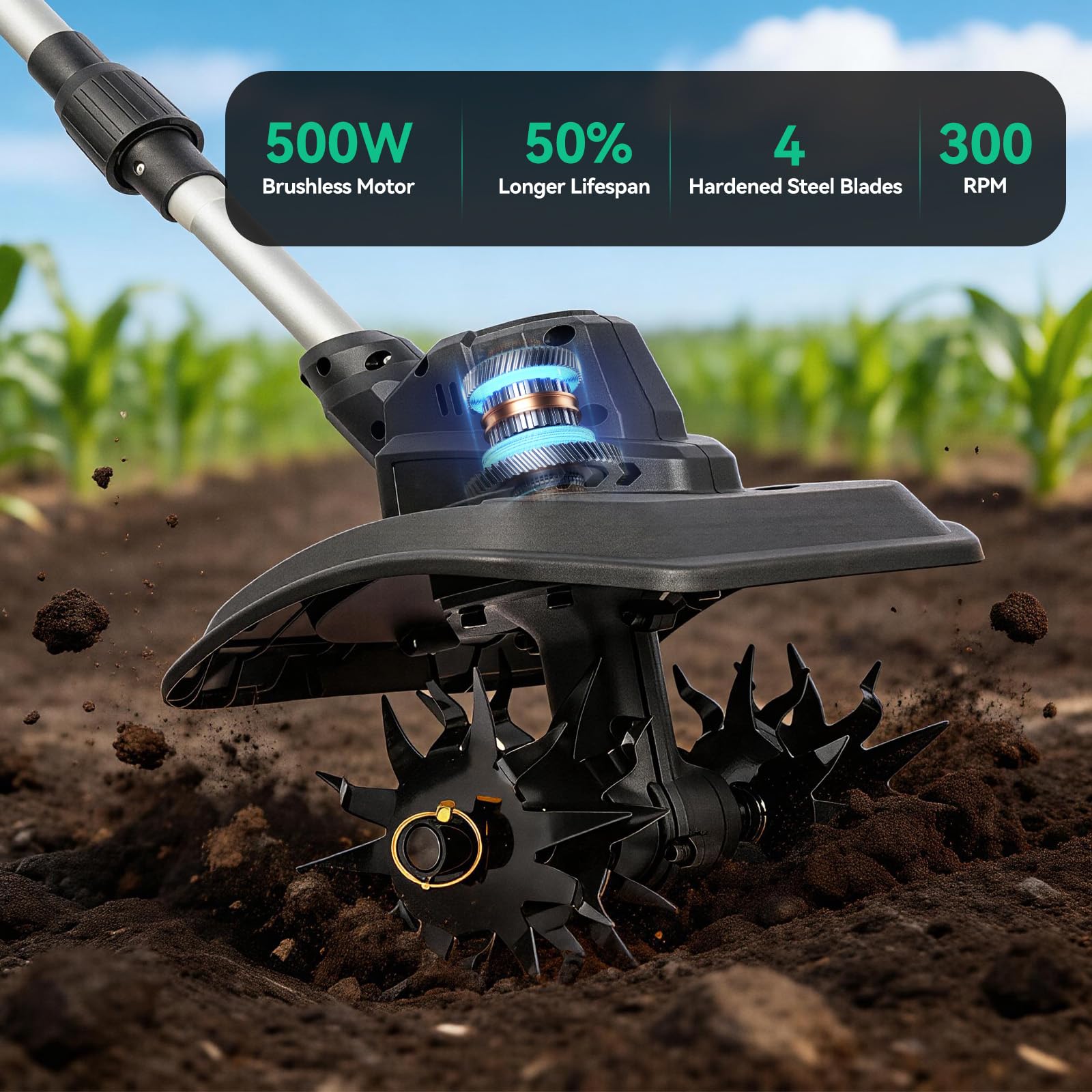 Motobineuse Électrique sans Fil 21V, Motoculteur Puissant 500W avec Moteur sans Balais Largeur 23cm Compatible avec Makita et DeWalt Écran LED & Bandoulière pour Jardin sans Batterie