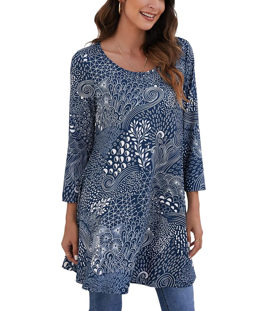 ENMAIN Womens Tunic Tops 3/4 Sleeve Plus Size Loose Fit Tunics Dressy Casual Paisley Floral Swing Flare Top for Leggings