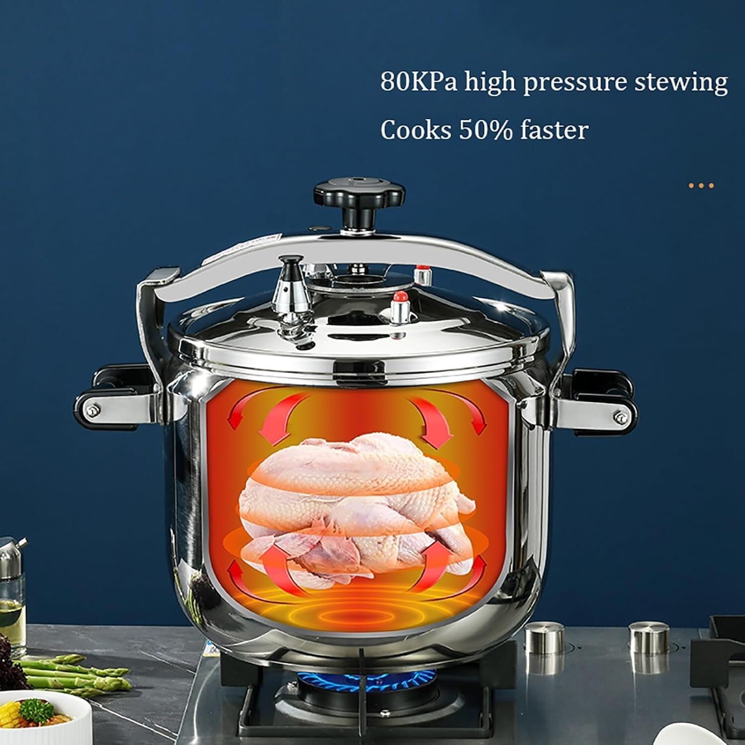 Pressure cooker on a gas hob, illustrating 80kPa high pressure stewing and 50% faster cooking.