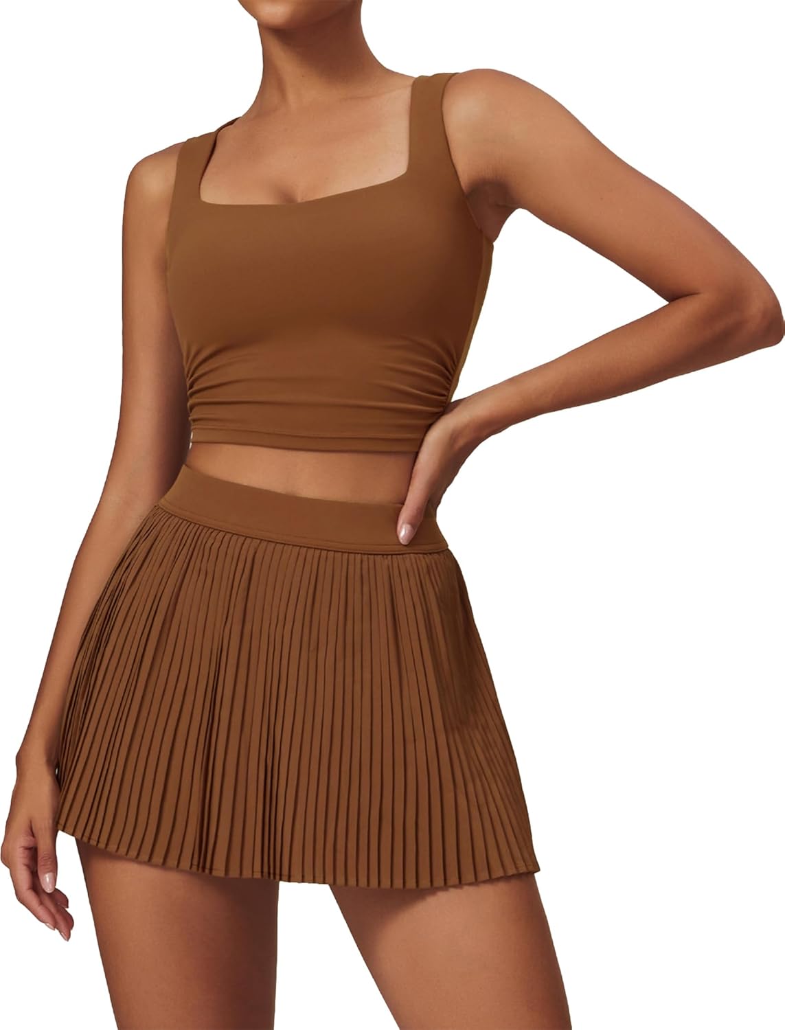 Women 2 Piece Tennis Dresses High Waisted Pleated Skirt Sets Sleeveless Racerback Padded Crop Top Seamless Golf Outfits