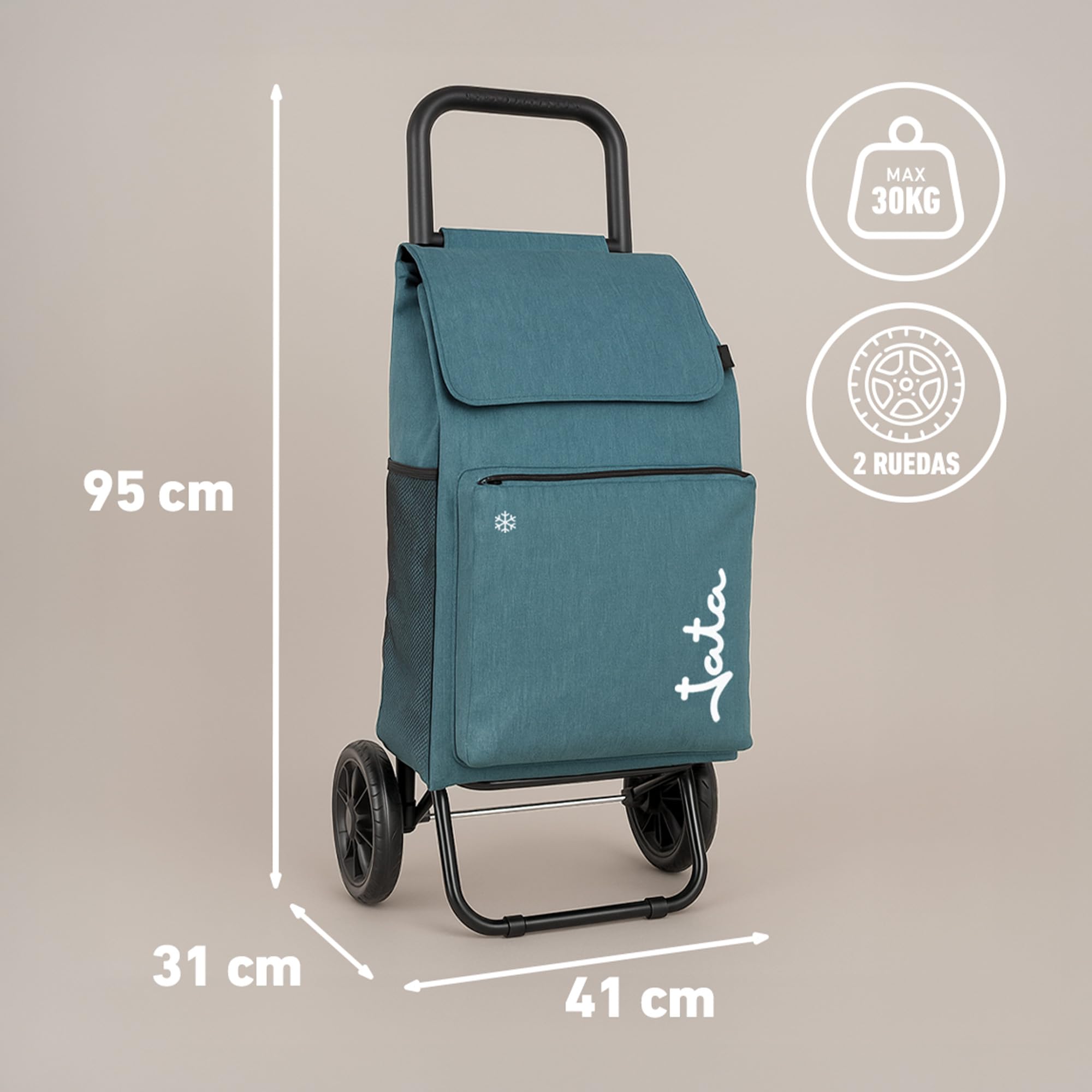 JATA HCAR2503 wózek na zakupy, 2 kółka, 40 l, z torbą chłodzącą do mrożonek, obciążenie do 30 kg, kieszenie boczne i tylne, stalowa rama, lekki