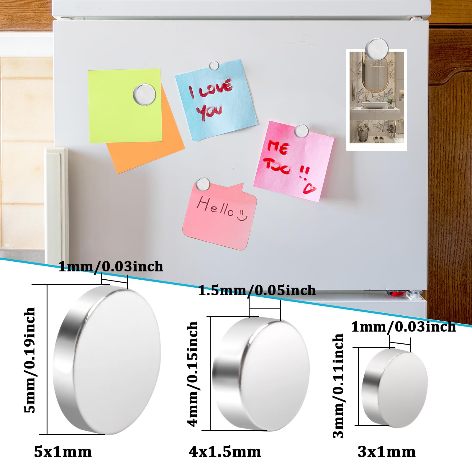 MIN CI Small Neodymium Magnets - 330Pack, Round Strong Magnets in 3 Sizes (Mini, 5x1mm, 4x1.5mm, 3x1mm) for Crafts, Fridge & Whiteboards - Image 2
