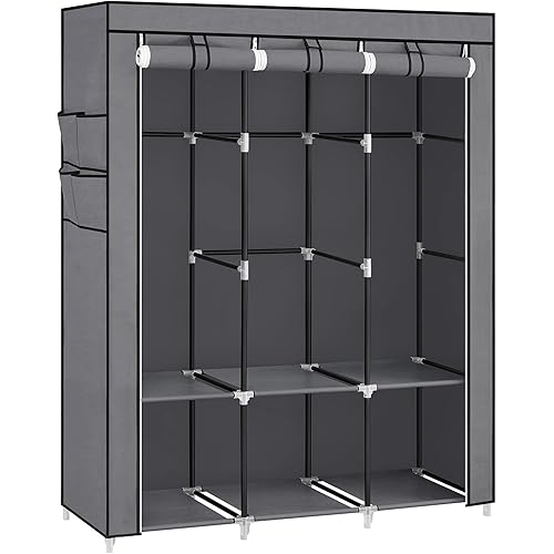 SONGMICS Portable Closet, Wardrobe Closet Organizer with Cover, 3 Hanging Rods and Shelves, 4 Side Pockets, 51.2 x 17.7 x 65.7 Inches, Large Capacity for Bedroom, Living Room, Gray URYG092G02