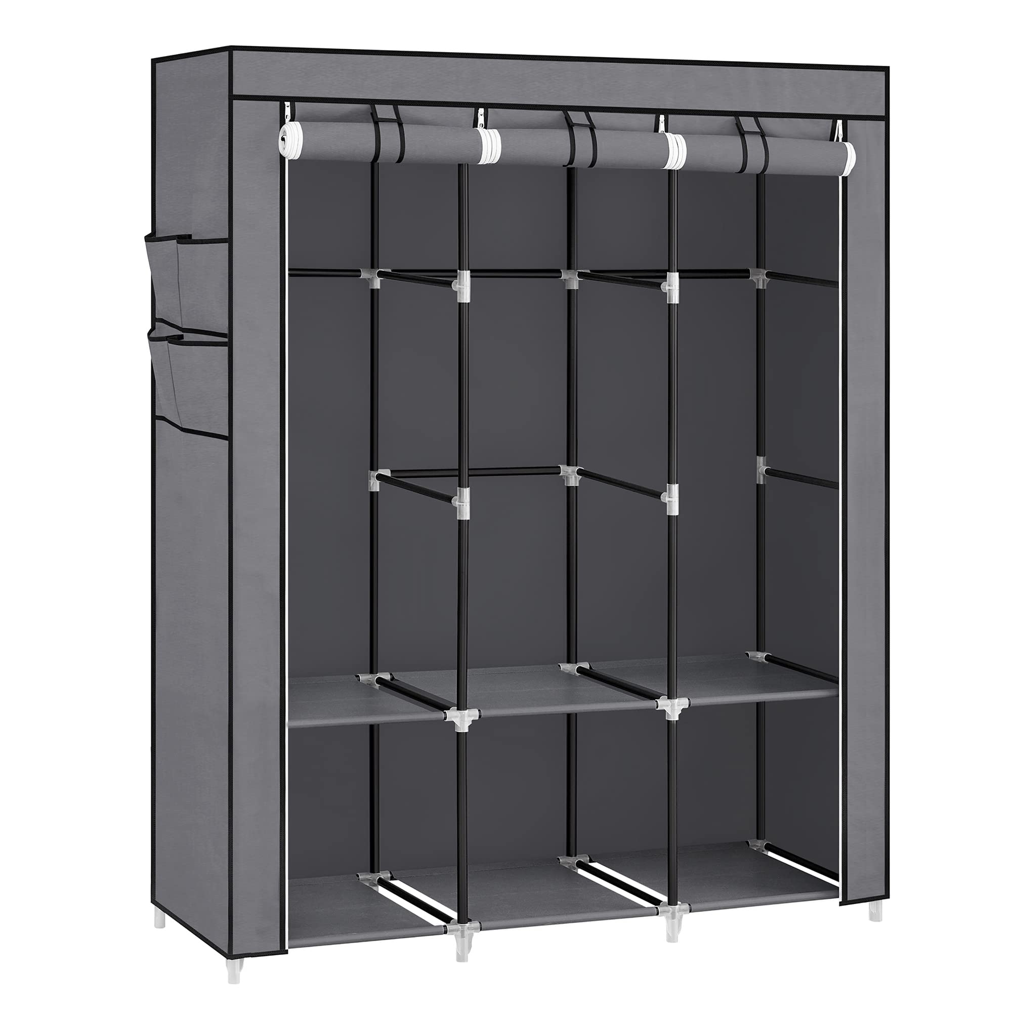 SONGMICS Fabric Wardrobe 45 x 130 x 167 cm 3 Hanging Compartments with Shelves 4 Side Pockets Large Space for Bedroom Living Room Grey RYG092G02
