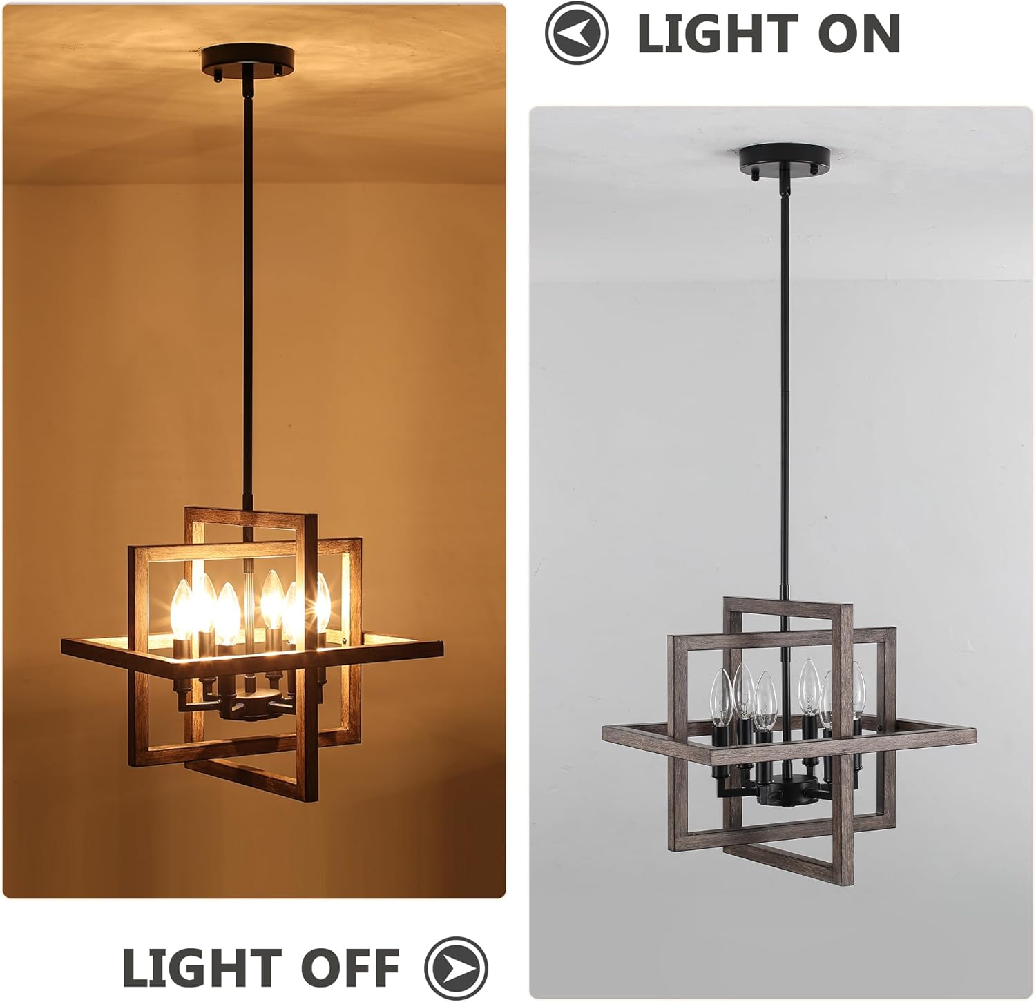 Small Farmhouse Chandeliers for Dining Room, 6-Light Industrial Metal Hanging Light Fixture, Rustic Geometric Pendant Light for Entryway Kitchen Foyer Bedroom, Black with Retro Wood Texture Interior