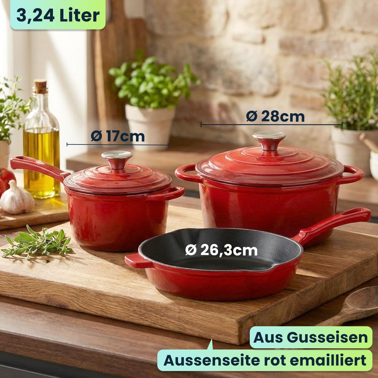 Gusseisen Topfset 3-teilig emailliert - Set aus Pfanne Kochtopf & Stielkasserolle - Für Induktion & Backofen - Profi Kochgeschirr Set - Langlebig & Robust - Alle Herdarten