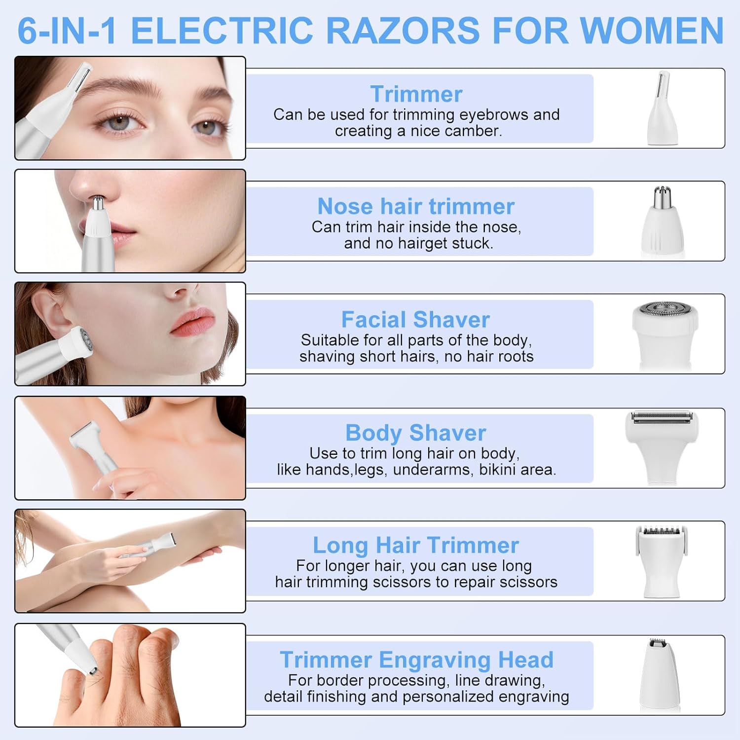 6 in 1 Bikini Trimmer and Shaver Kit for Women, Wet/Dry Electric Body Hair Trimmer Facial Hair Removal Cordless Waterproof Bikini Shaver Razor for Face Nose Eyebrow Arm Leg Pubic Armpit Bikini - Image 4