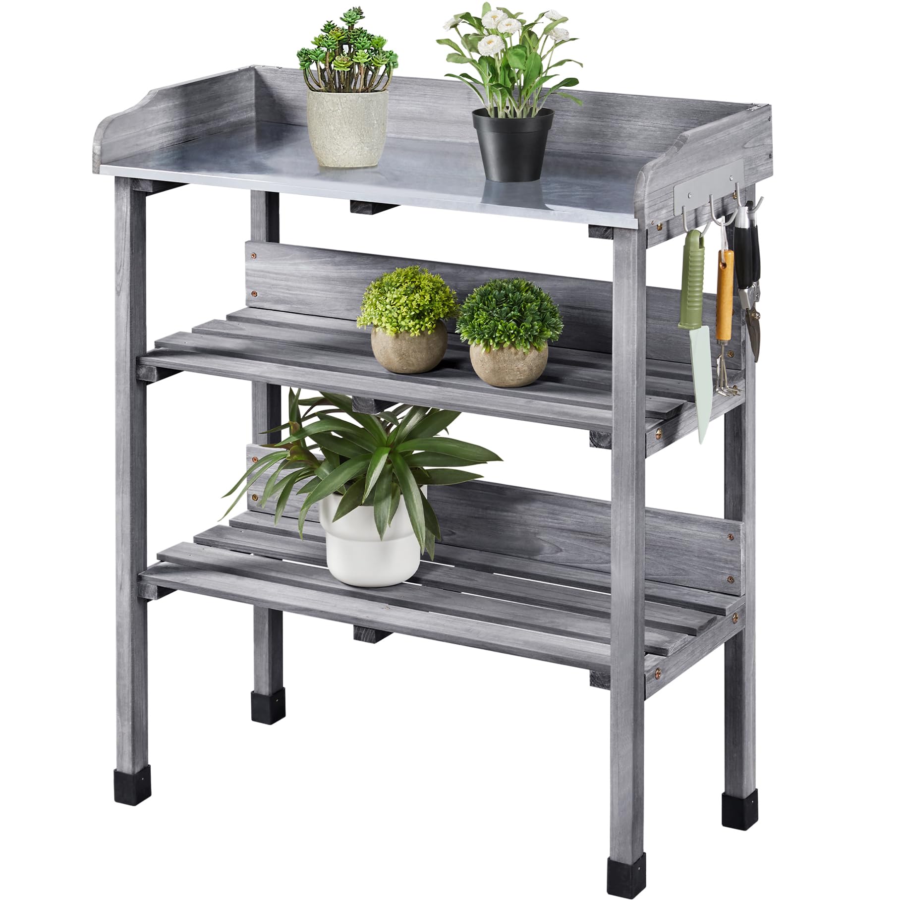 Yaheetech Tavolo da Giardino per Piante in Legno con Gancio Spazioso Banco da Lavoro con Piano in Metallo per Giardinaggio 77 x 37 x 90 cm Grigio