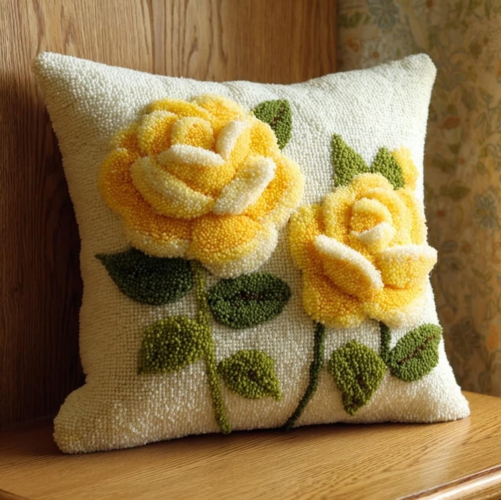 WallustrioaW DIY Latch Hook Pillow Kit,Yellow Roses