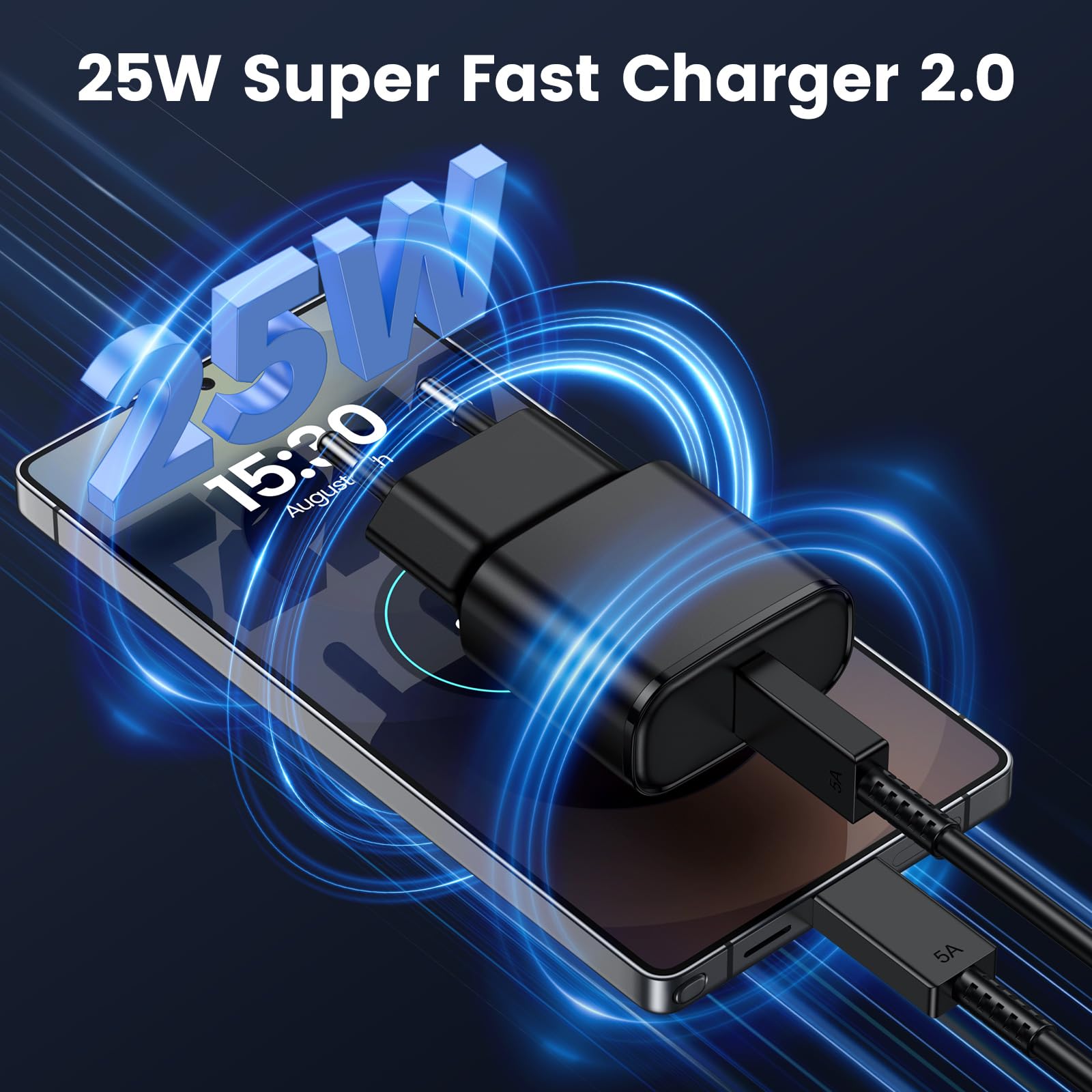 25W USB C Caricatore Caricabatterie per Samsung Galaxy S25 S24 S23 S23+ /S23 Ultra/S22/S21/S20/Note20/A73/A53/S10 con 2M Cavo, USBC Presa Carica Alimentatore Tipo C Spina Ricarica Adattatore(Nero)