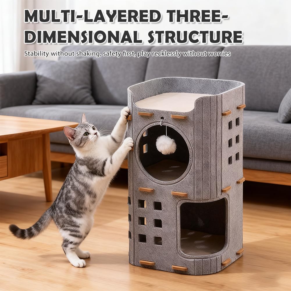 Cueva para gatos de fieltro de 3 pisos, 90 x 37 x 37 cm, cama para gatos, casa para gatos de interior con pelota de juego, castillo para gatos para jugar, cueva para gatos plegable y cálida para