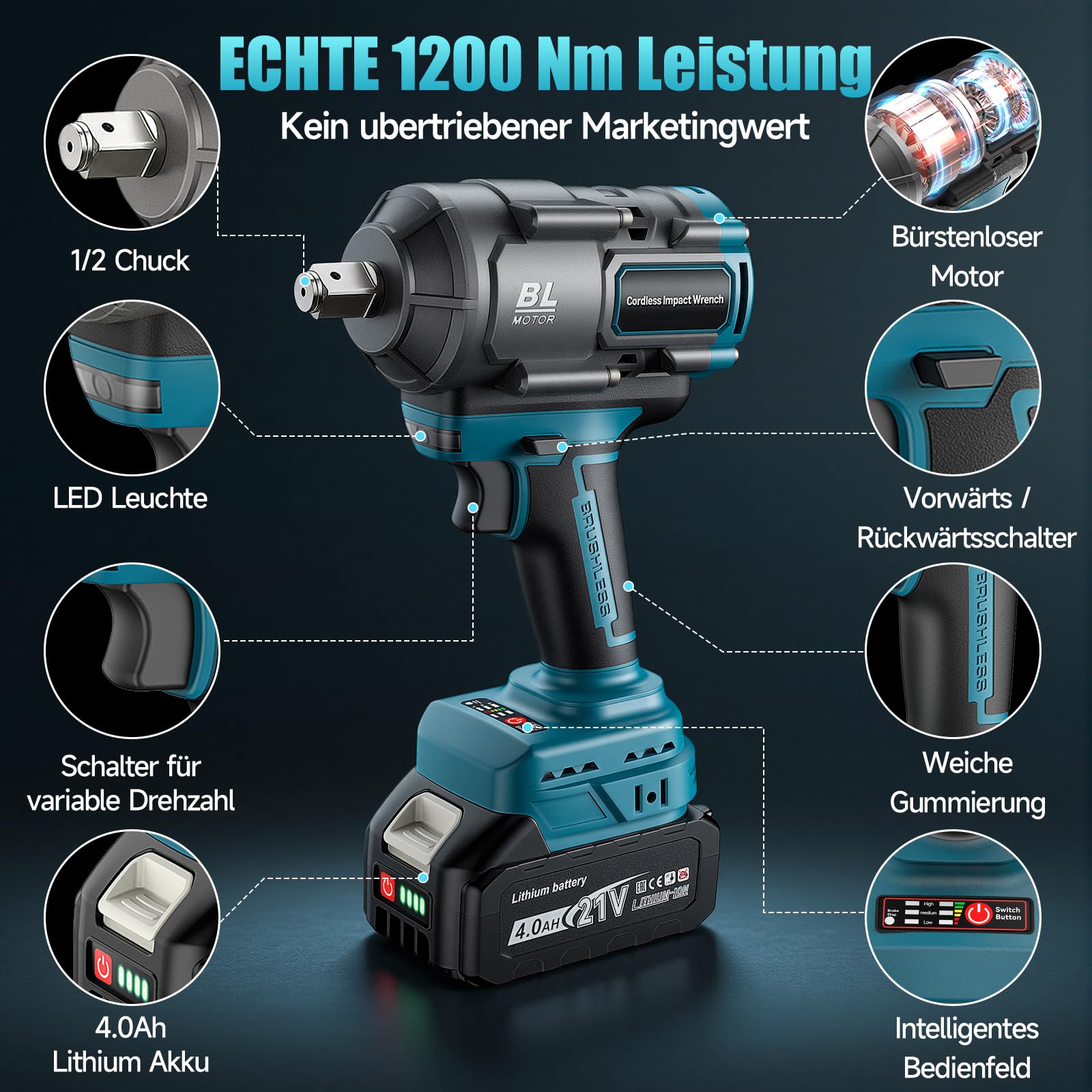 Yofuly 1200Nm Pistola de Impacto Compatible con baterías Makita de 18v, 1/2" Llave de Impacto Electrica sin Escobillas con 2 * 4000mAh Baterías, Cargador Rápido, 5 Vasos, Extensión