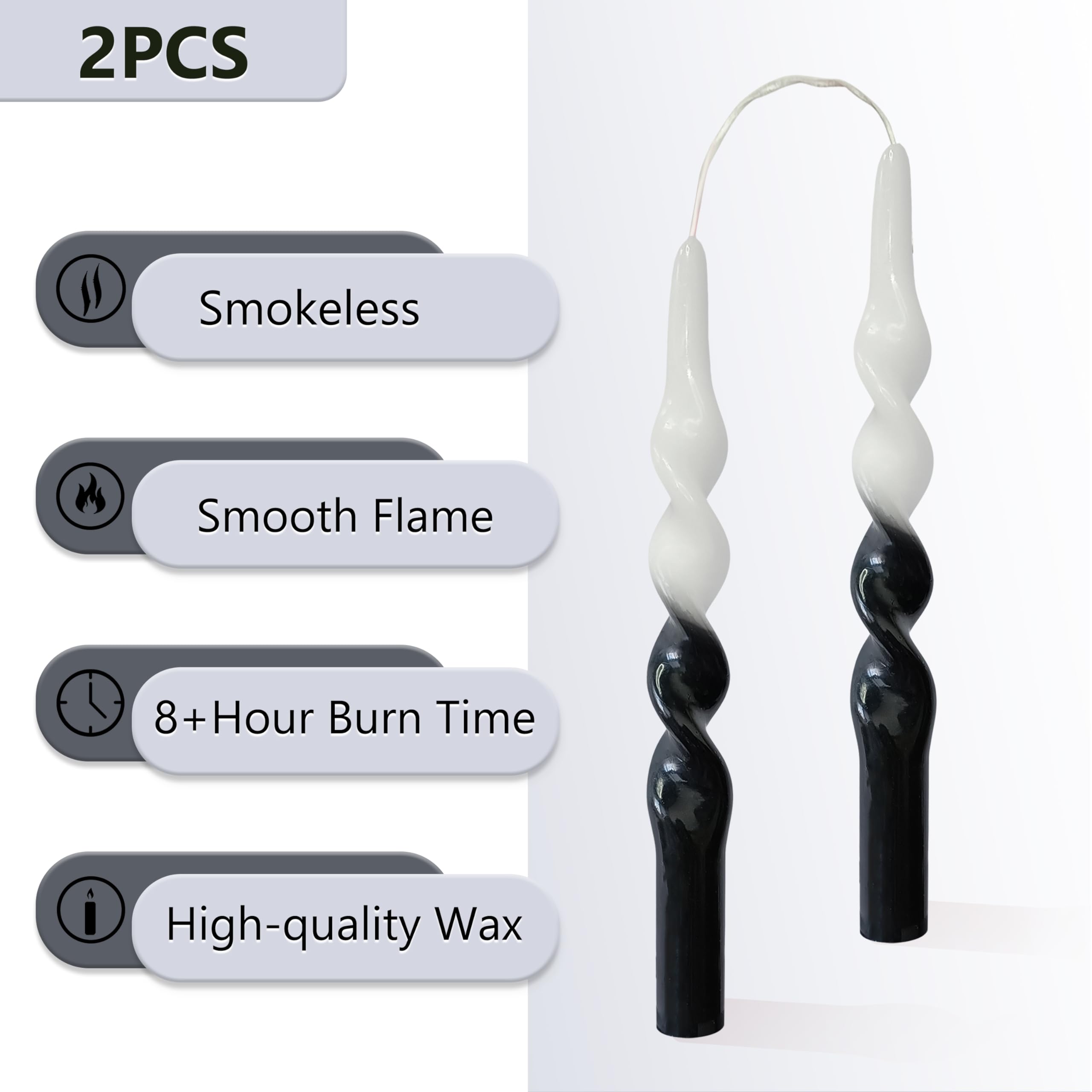 Spiral Taper Candles Twisted Candlestick 10 INCH Tall Candles Cute Unscented Candle Smokeless Candle Stick for Dinner Wedding Home Decor Holiday Party, Black & White