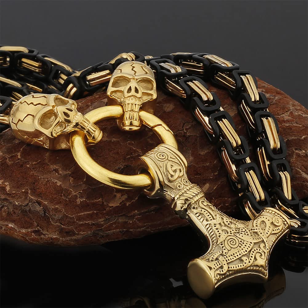 Herren Königskette Thors Hammer Anhänger Halskette, Nordische Mythologie Massiver Edelstahl Mjölnir Fenris Wolfskopf Halskette Wikinger Retro Amulett Rune Schmuck Geschenk