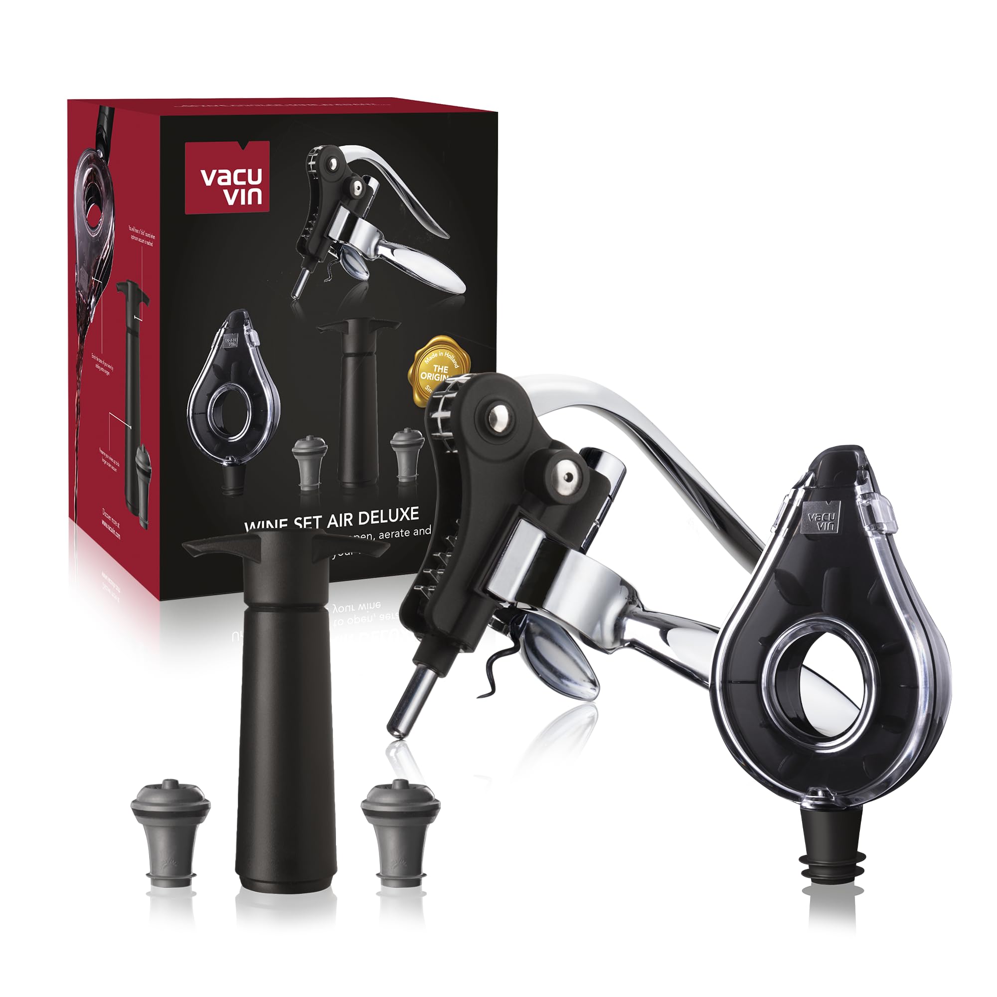 Wine Set Air Deluxe - Set of 5 | Lever Corkscrew, Wine Aerator, Wine Saver, 2 Vacuum Stoppers