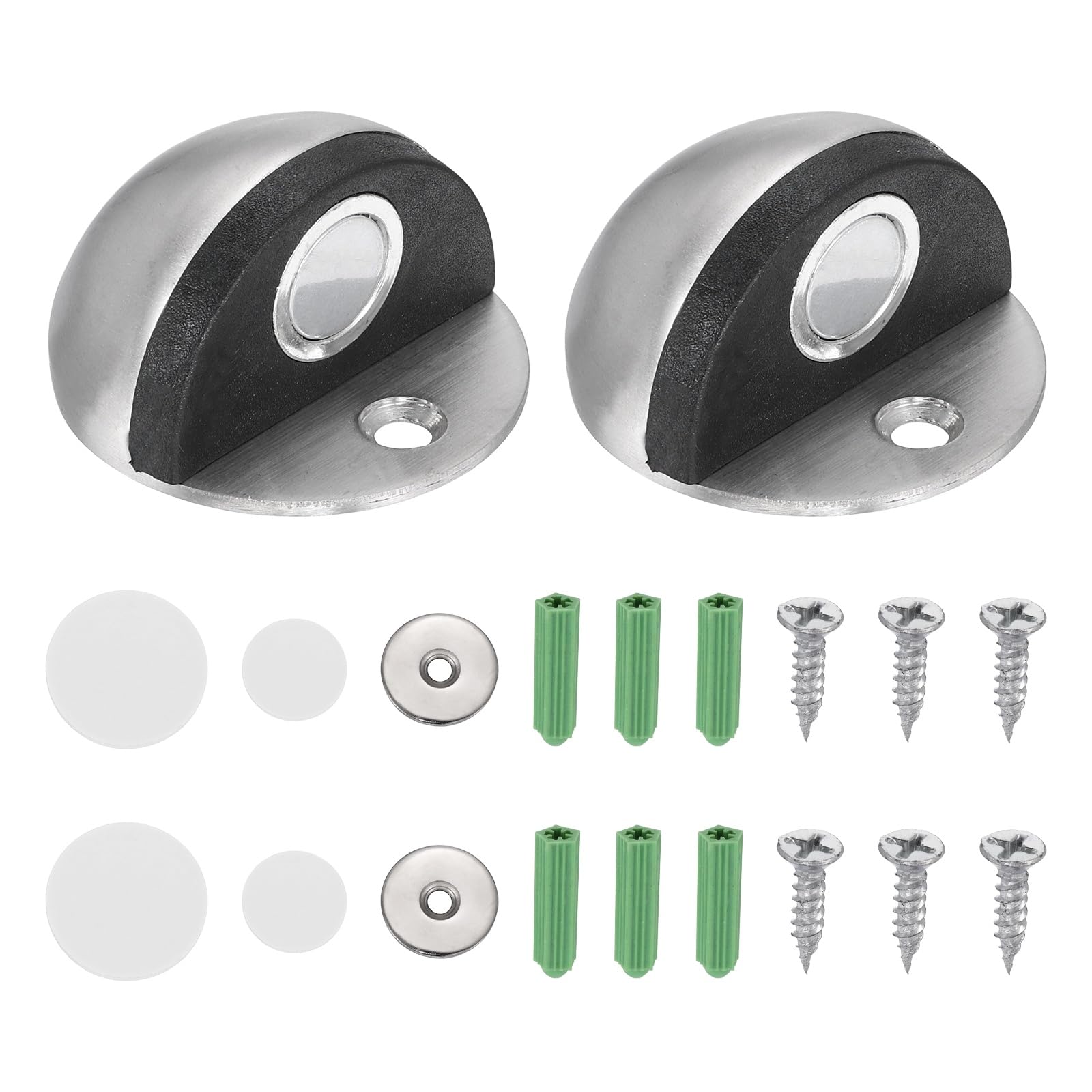 sourcing map 2Pcs Magnetic Door Stopper, Stainless Steel Floor Mount Bottom of Door Catch Holder, Adhesive Wall Protector with Screws for Living Room, Bedroom, Bathroom (1", Silver Tone)