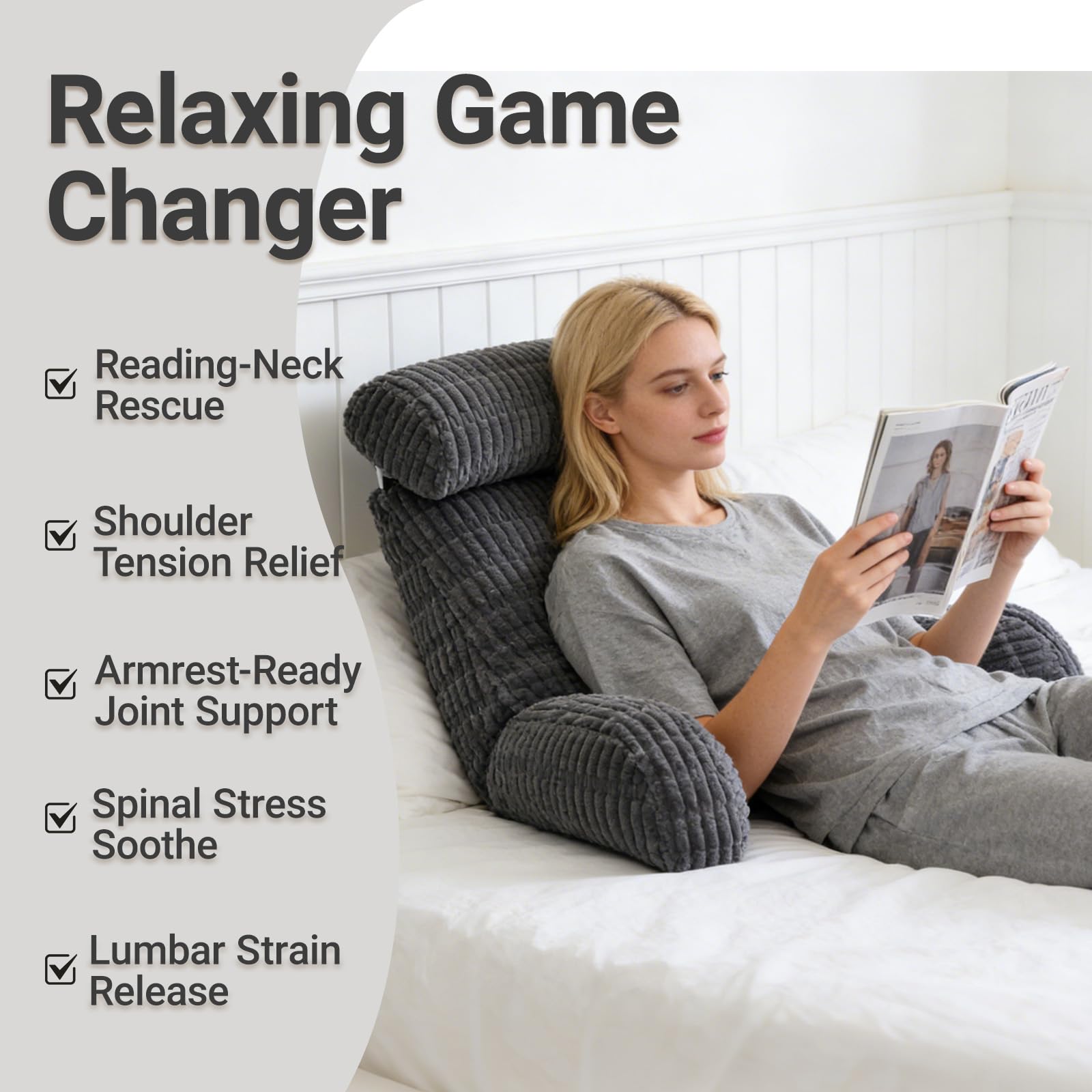 Cojín de lectura para cama y sofá, cojín de lectura con reposacabezas desmontable, reposabrazos y soporte lumbar, cojín de respaldo para cama para reposo en cama, descanso, lectura, trabajo en el