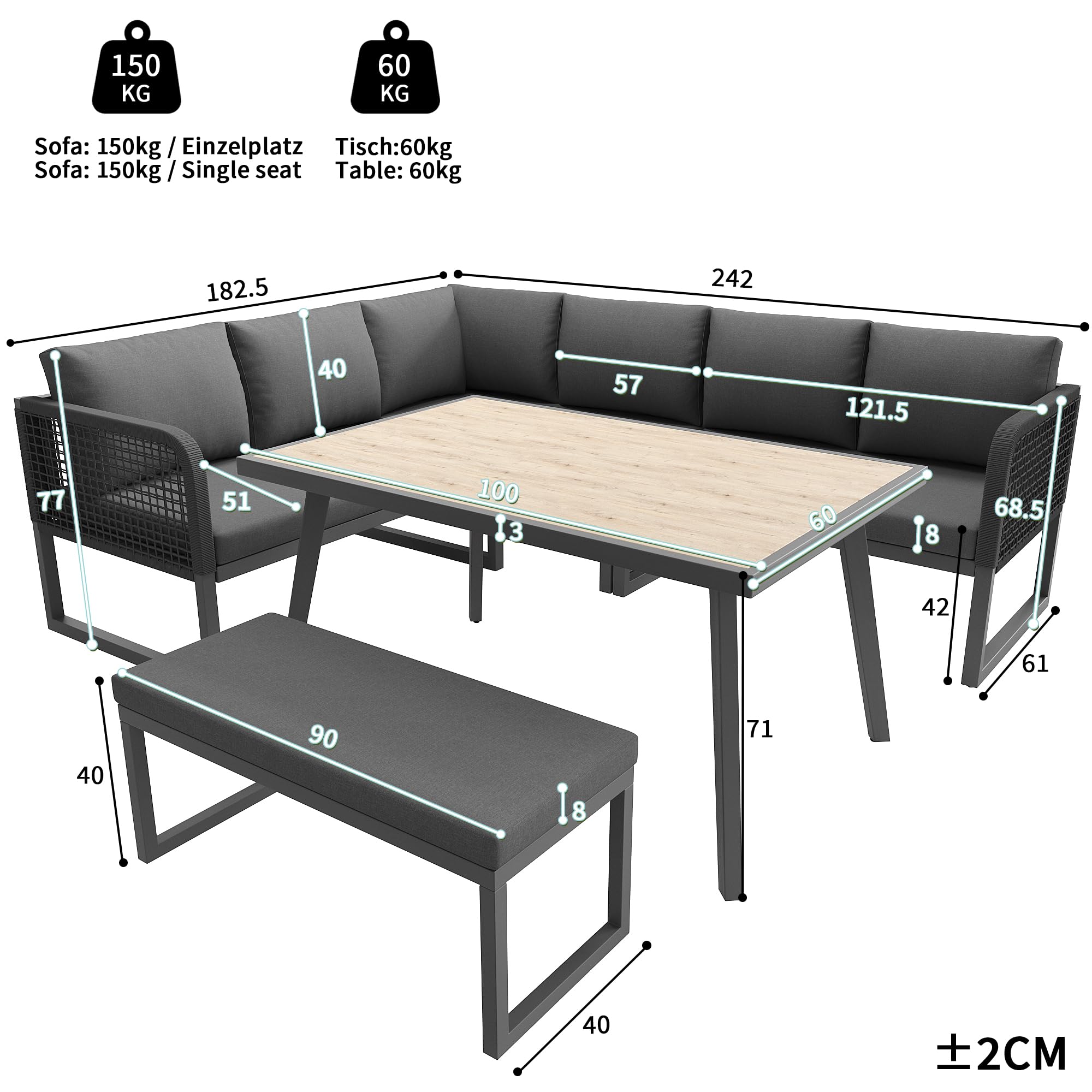 Sapgaks Salon de Jardin d'extérieur 6-8 Places,Canapé d'angle extérieur en L avec Coussin et Table,Rotin PE tissé à la Main,Ensemble de canapé de Jardin résistant aux intempéries,Gris
