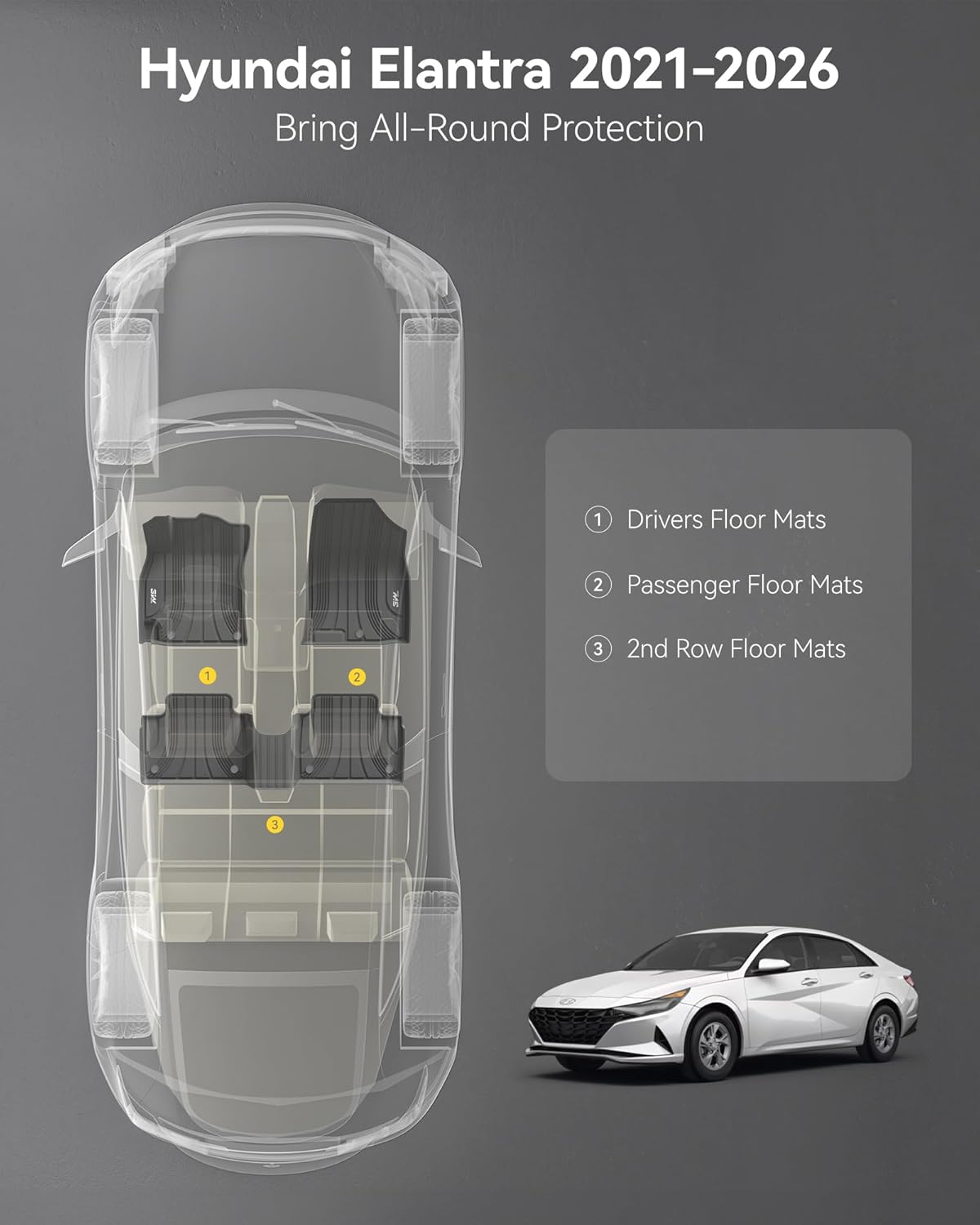 3W Floor Mats Fit Hyundai Elantra (NOT for Hybrid) 2026 2025-2021 (Only for Gas & Automatic) & Elantra N 2022-2026 (Only Fit Automatic), TPE All Weather 1st & 2nd Row Full Set Car Liners, Black - Image 2