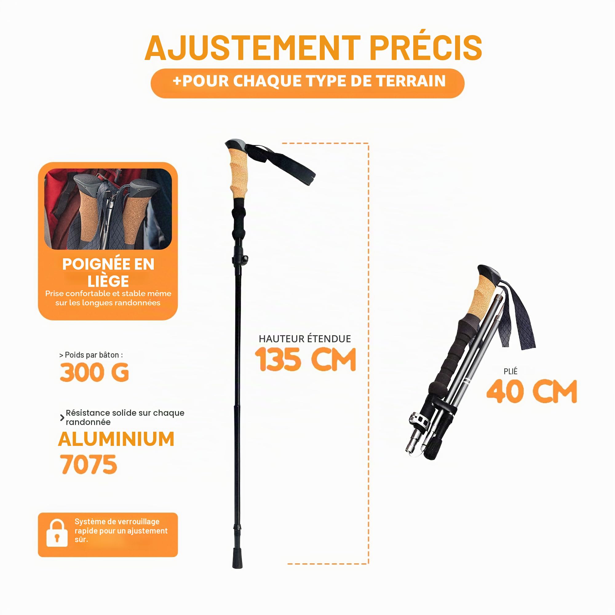 Bâtons de trekking pliables, 2 bâtons de randonnée, aluminium 7075, légers, réglables de 120 à 135 cm, manche en liège, 4 paires de butées, ajustement rapide, montagne, marche nordique, trail, course