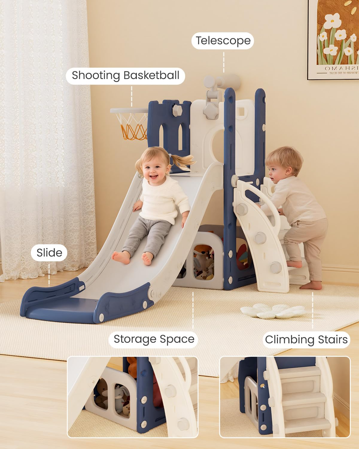 Scivolo per Bambini, 5 in 1 Scivolo per Interni ed Esterni, Parco Giochi per Bambini con Canestro da Basket, Spazio di Archiviazione e Telescopio, Parco Giochi per Bambini da 1 Anno, Blu
