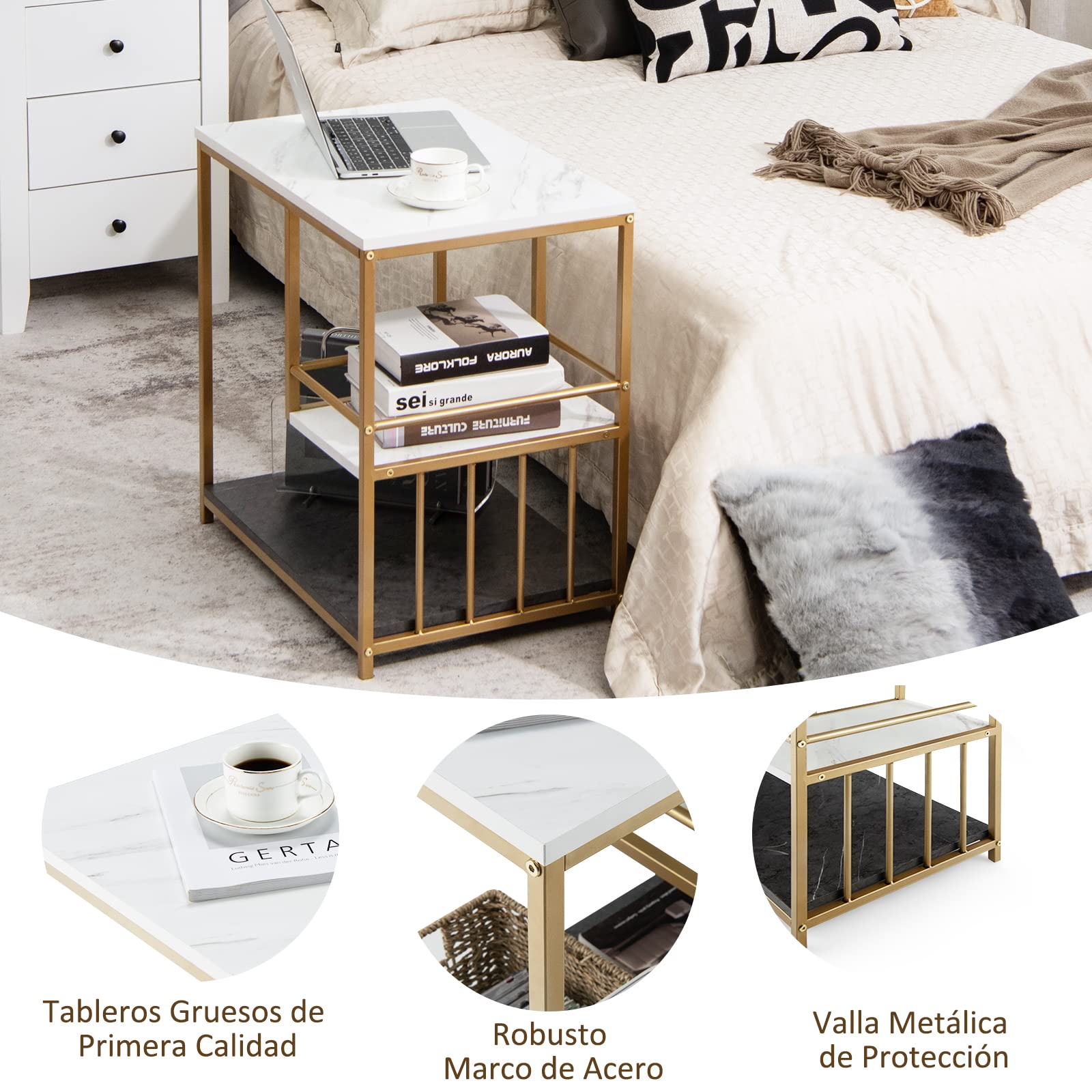 COSTWAY Mesa Auxiliar Blanca, Mesa con 3 Niveles y Estructura en Acero Pintada Dorada, Mesita Moderna para Salón Dormitorio, Fácil de Montar, Mármol y Oro 60 x 40 x 60,5 cm