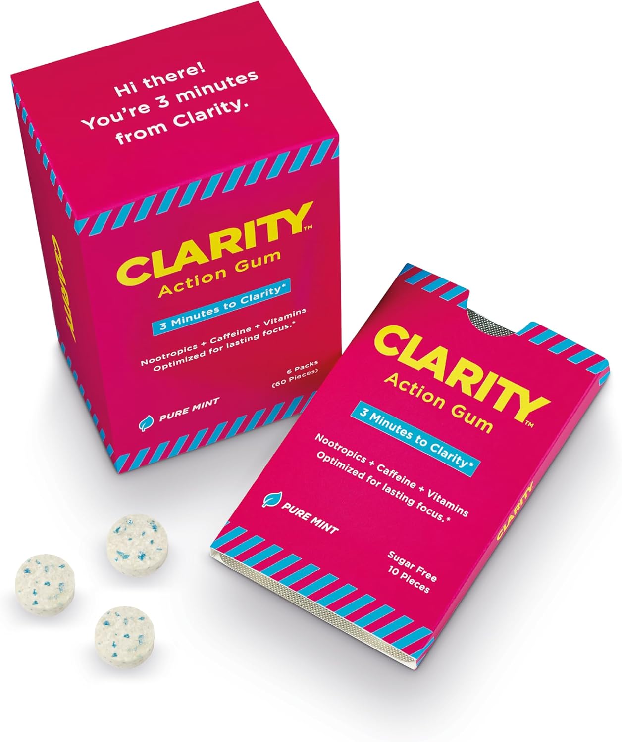 Clarity Action Gum - Energy Gum with 55mg Caffeine, Nootropics and Vitamin B6 - Sugar Free - Pure Mint - 60 Pieces