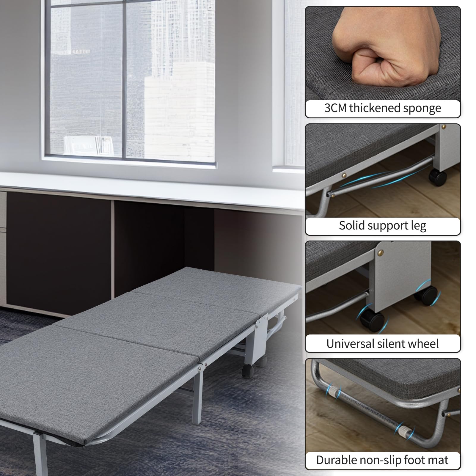 Lettino pieghevole, resistente lettino da campeggio con comodo materassino, struttura in metallo portatile, letto per gli ospiti per adulti, lettino regolabile per dormire, grigio
